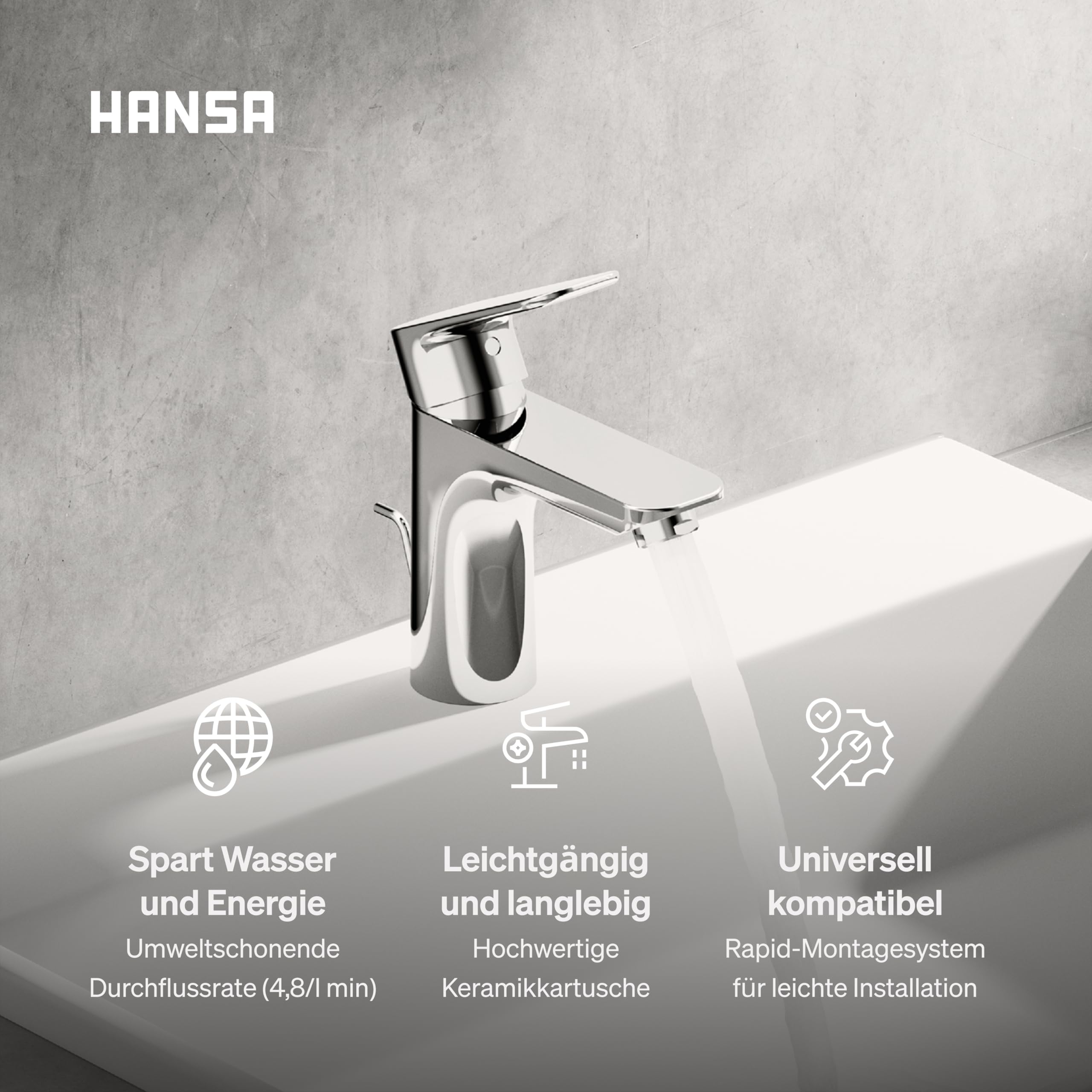 HANSA BASIC XL Waschtischarmatur I Einhebelmischer Waschbecken mit Temperatur & Mengenbegrenzer | XL-Size für mittelgroße bis große Bäder | Ablaufgarnitur mit Zugstange | Wasserhahn Badezimmer | Chrom