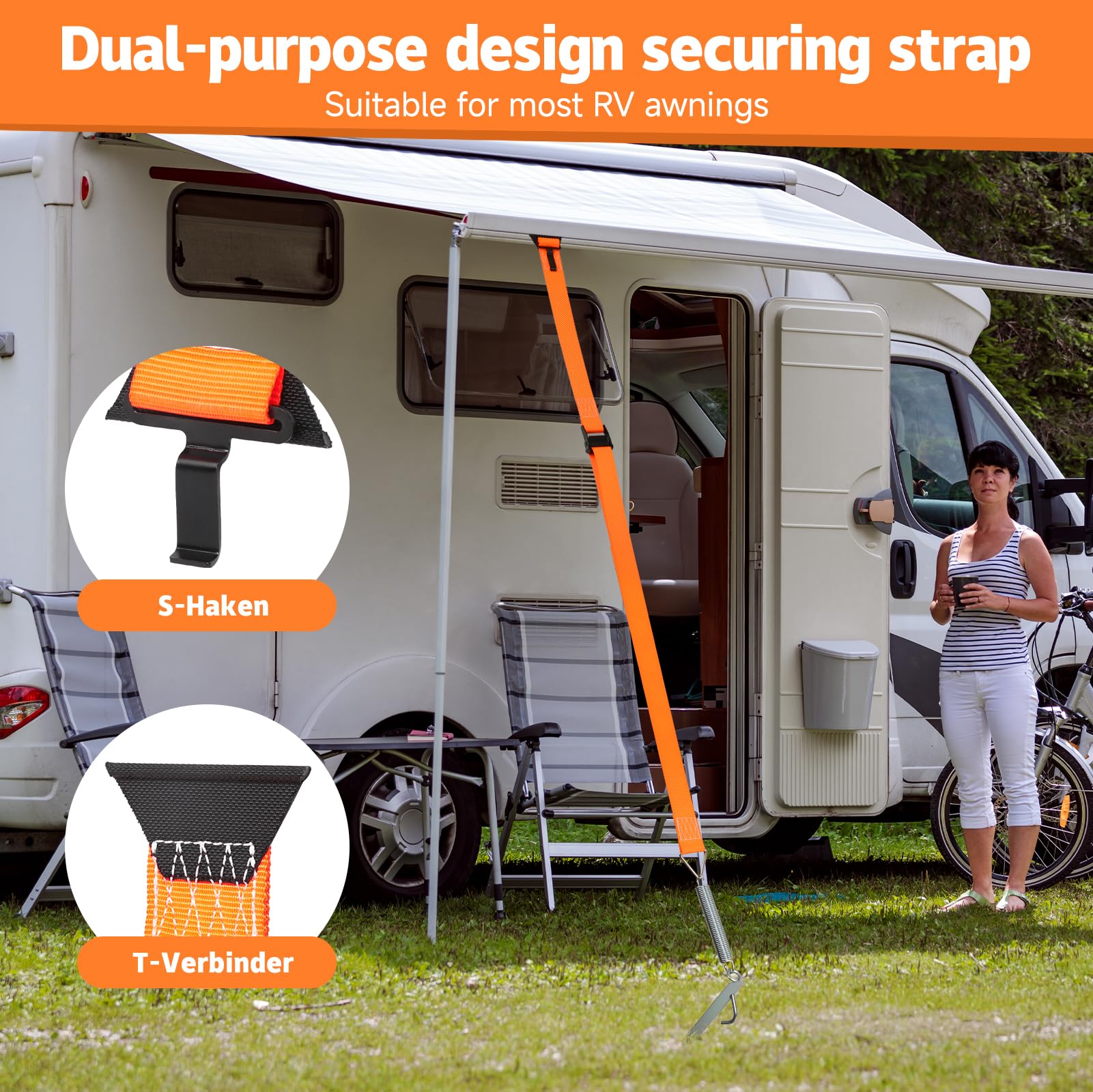 Sturmband für Vorzelt & Markise – 5cm Breites Gurtband, 38cm Erdanker Sturmsicherung vorzelt, Sturmbänder für Markisen, Abspanngurte Markise Wohnmobil, Abspannseile camping mit S-Haken und T-Verbinder