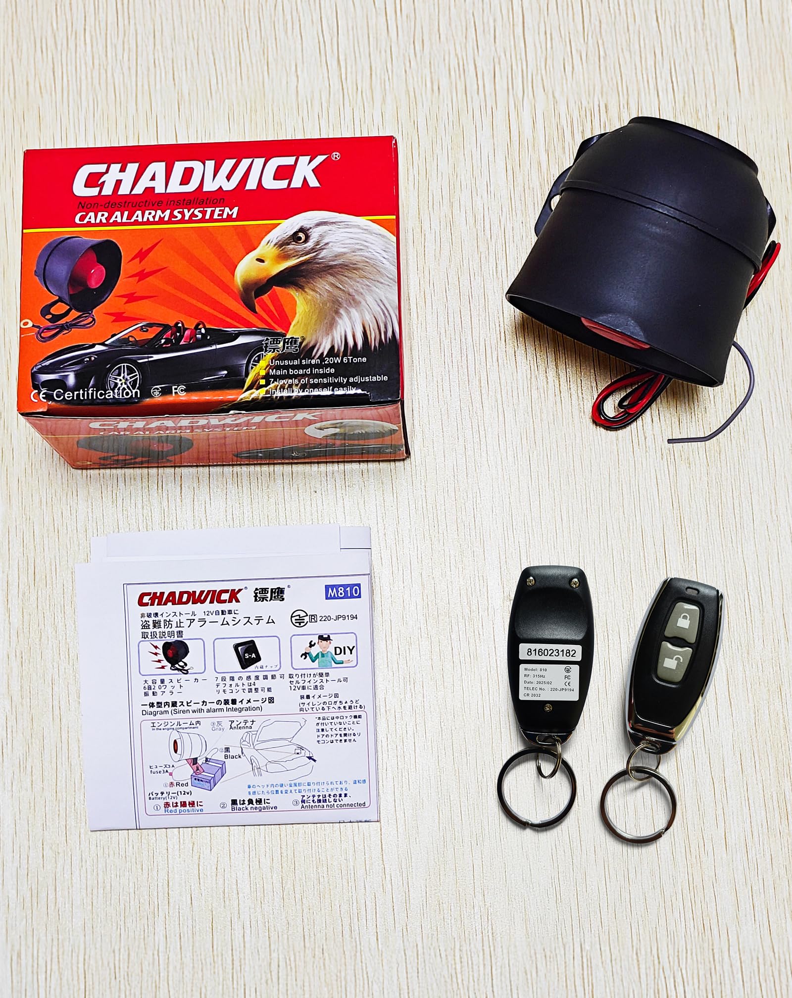 CHADWICK Sirène d'alarme de voiture, système de protection universel avec 2 télécommandes, sensibilité à 7 niveaux, 12 V, dispositif antivol, pas de filetage inclus, installation non destructive (CW