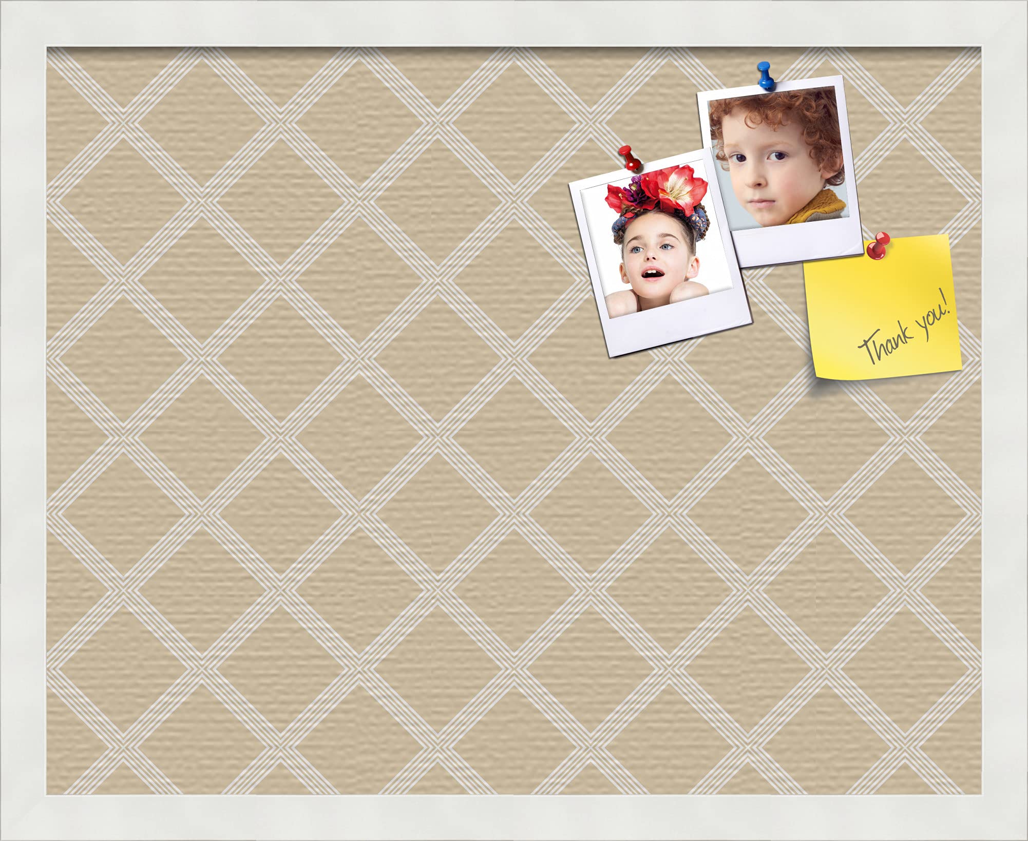 PinPix pin Cork Bulletin Board Made from Canvas, Diamond Modern Pattern Beige 20x16 Inches (Completed Size) and Framed in Satin White Frame (