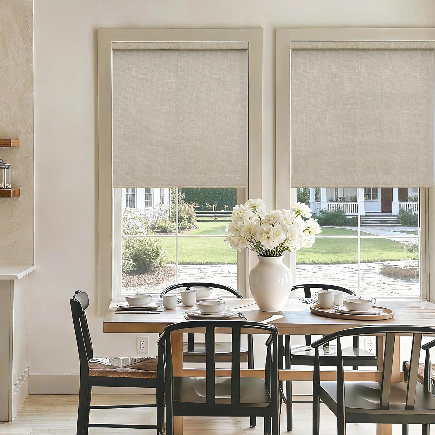 Linen Light Filtering Roller Shades for Living Room Dining Window Cordless Free-Stop Blinds with Valance Natural Beige Tan Linen Flax Shades Blinds for Indoor Bathroom Windows Bedroom 34" W x 72" H