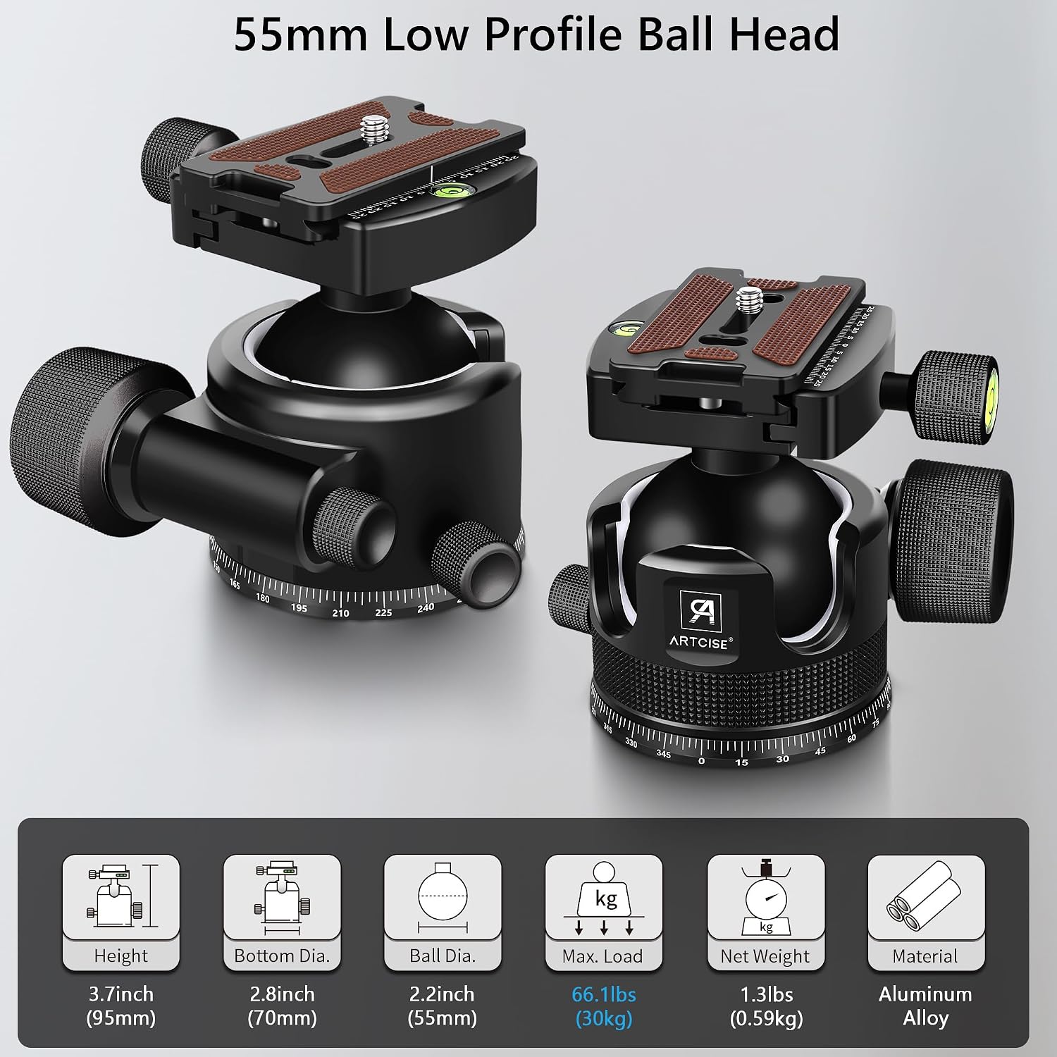 ARTCISE KB55B 55mm Low Profile Ball Head, Heavy Duty CNC Aluminum Tripod Head, Max Load 40kg/88lbs, Two1/4 Arca Swiss Quick Release Plate, for DSLR Camera Camcorder Tripod Monopod Slider（All Black）