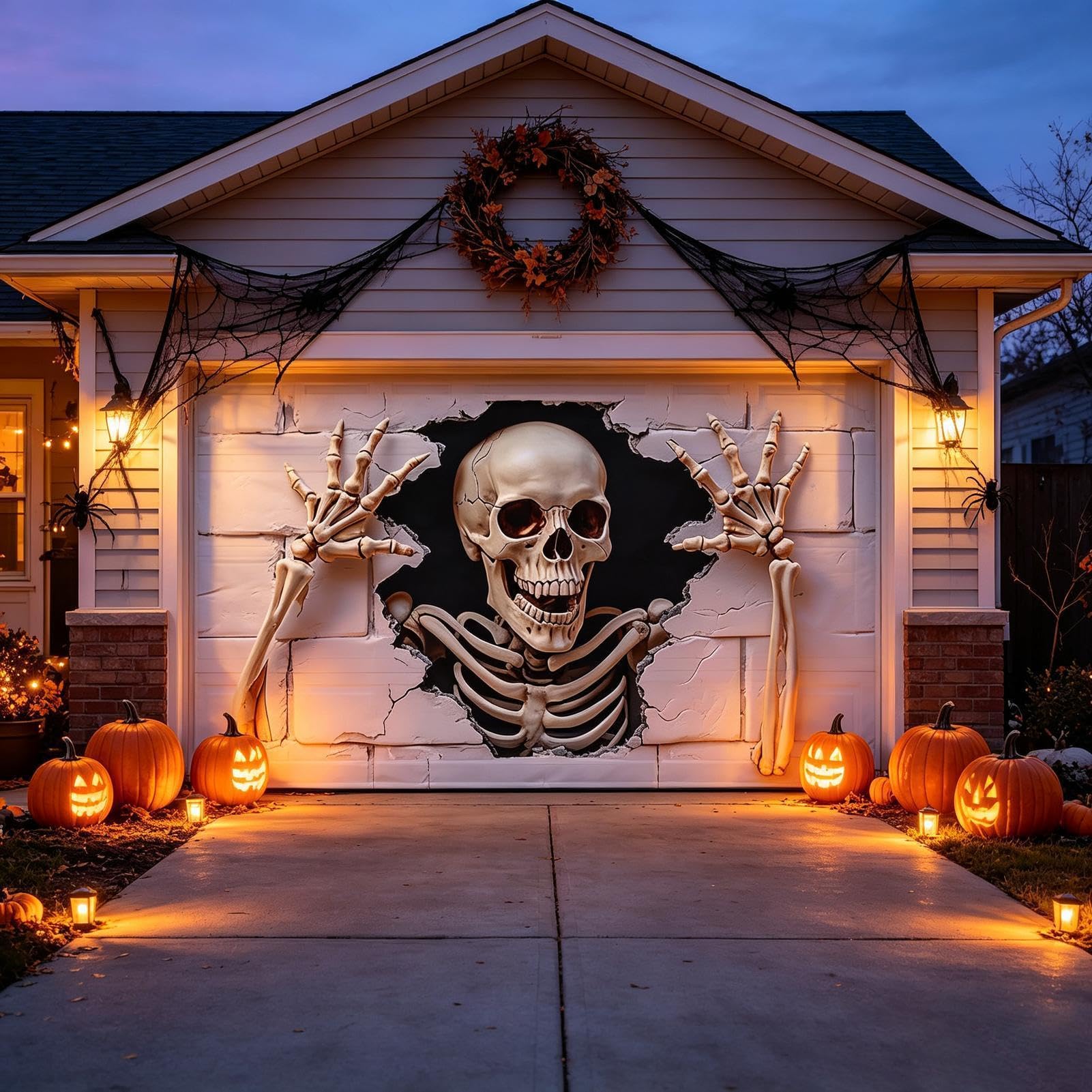 Halloween baner do bramy garażowej, 1,8 x 4 m, wielokrotnego użytku, czaszka Halloween | Ściana garażowa tło baner do użytku na zewnątrz dom podwórko noc księżyca nawiedzony dom wakacje ściana okno impreza