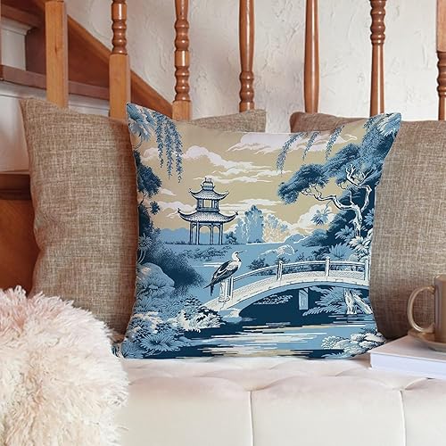 Miniatura 6 de ArogGeld Fundas de almohada oriental de la pagoda antigua de China para jardín, color aguamarina, verde azulado, azul asiático, pagoda escénica