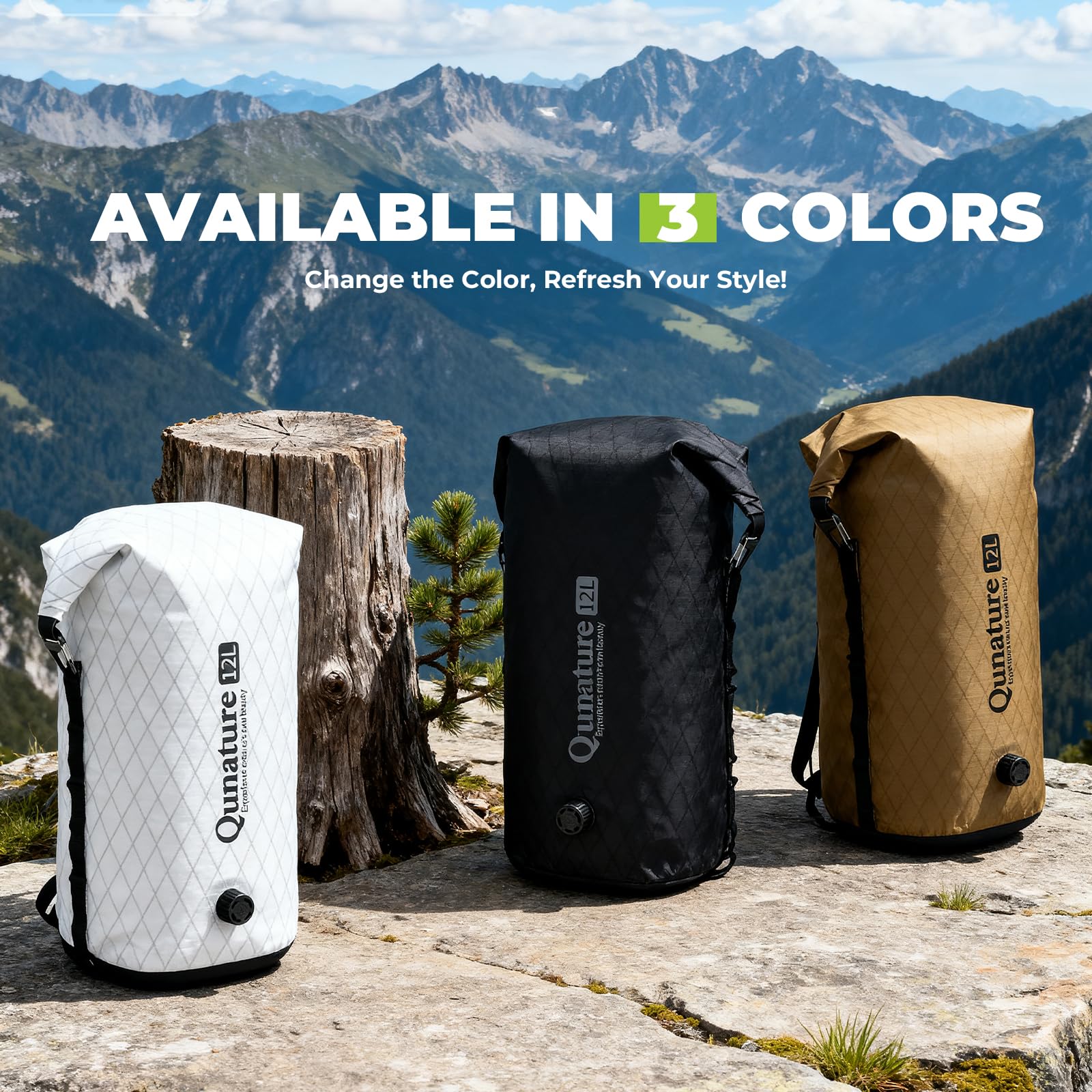 Borsa Impermeabile 12L, Sacca di Compressione con Valvola di Sfiato, Borsa da Bici per Forcella Manubrio Portapacchi, Zaino Ultraleggera per Bikepacking Ciclismo Escursionismo, Kaki