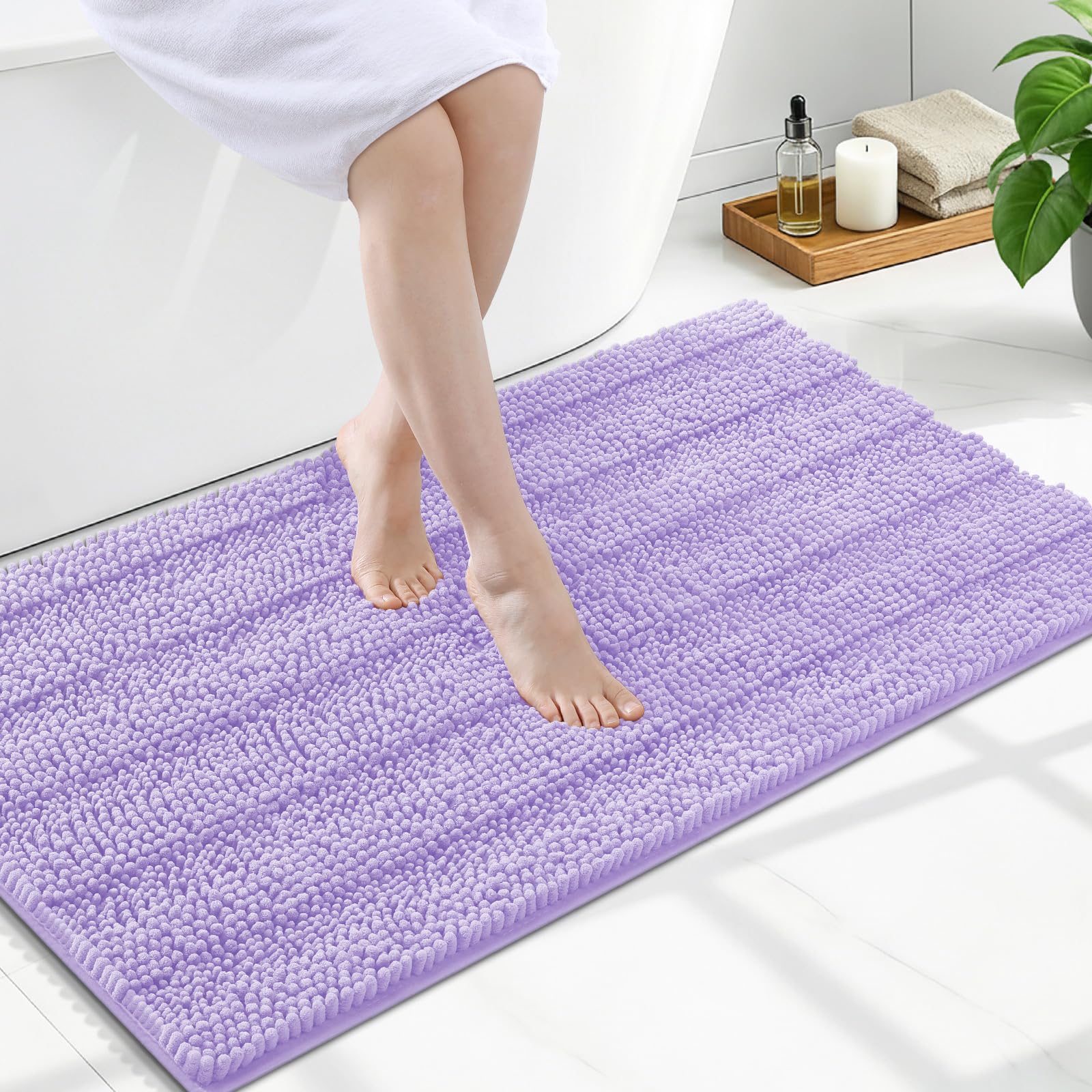Grandaily Chenille Bathroom Rugs 47x24, Soft Bath Mats, Light Purple