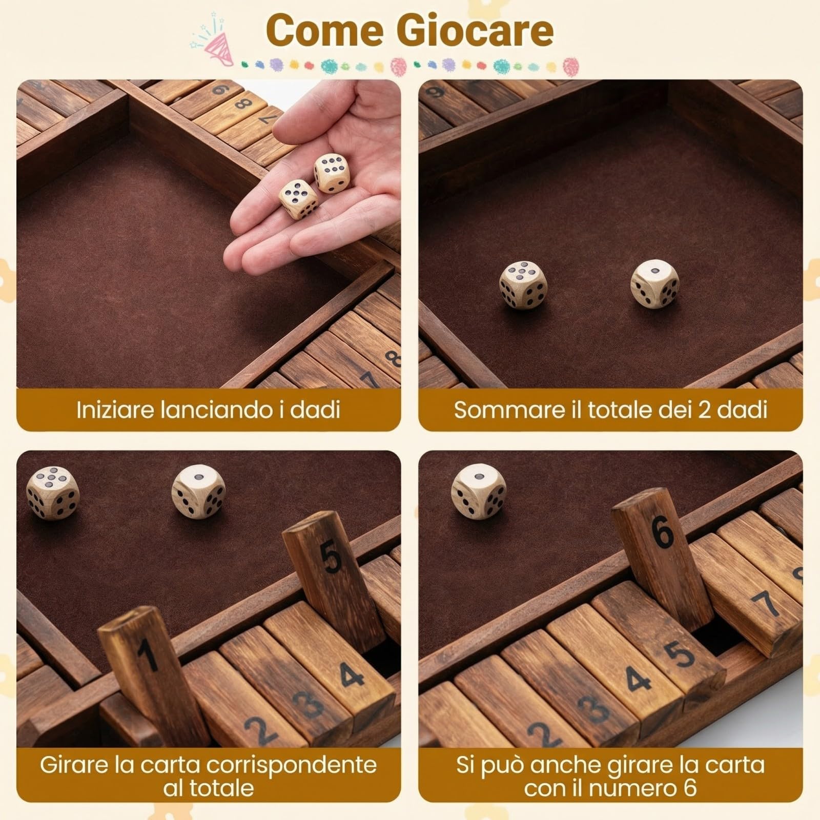 COSTWAY Gioco Chiudi la Scatola per 2-4 Giocatori, Gioco da Tavolo in Legno a 4 Lati con 2 Dadi, Giocattolo Matematico Educativo per Bambini e Adulti per Famiglia e Festa 30 x 30 x 3,8 cm (Marrone)
