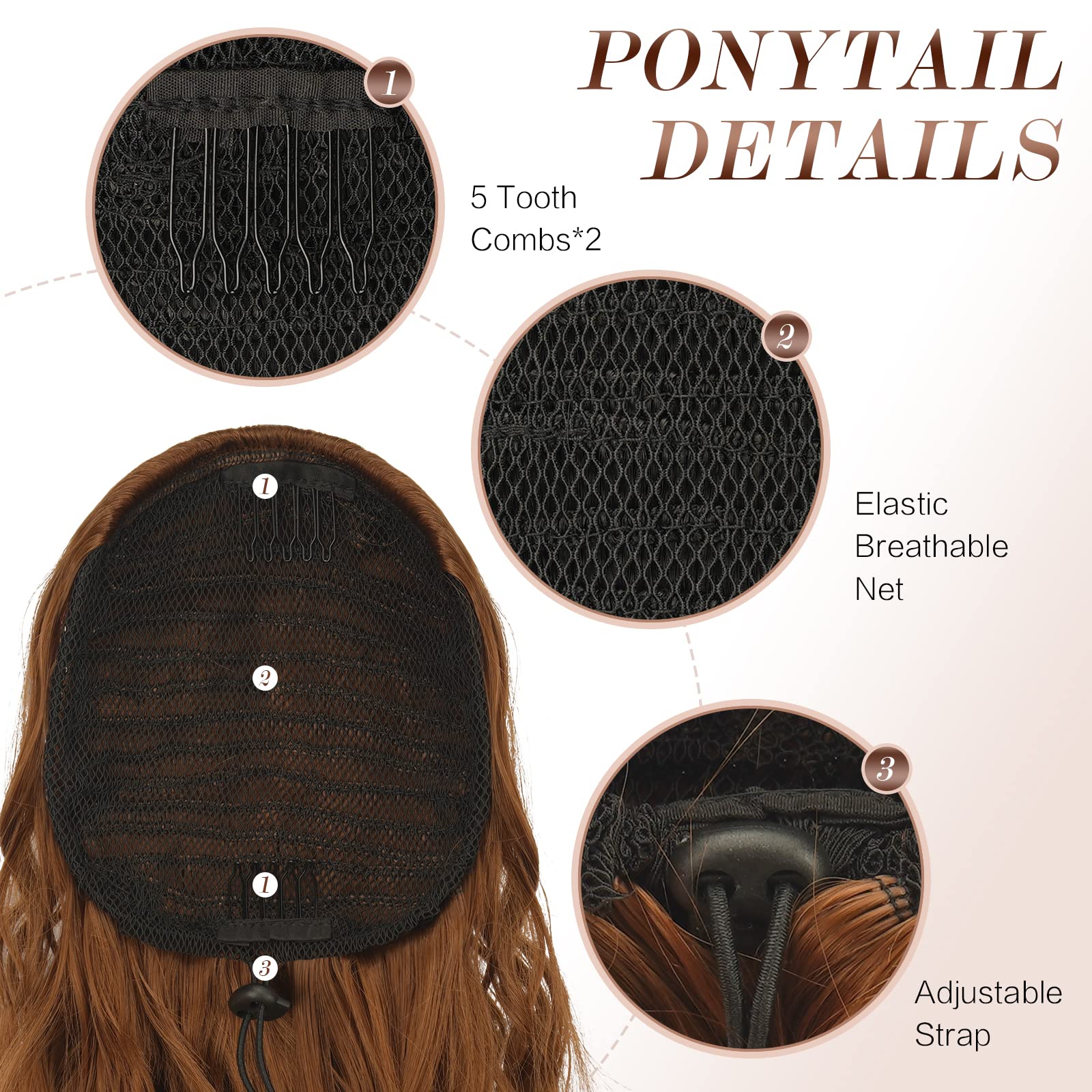 FESHFEN Long Curly Wavy Drawstring Ponytail Extensions Clip in Wavy Synthetic Hairpieces Light Auburn Drawstring Ponytail Curly Hair Piece Pony Tail Extension for Women 26 inch - Image 3