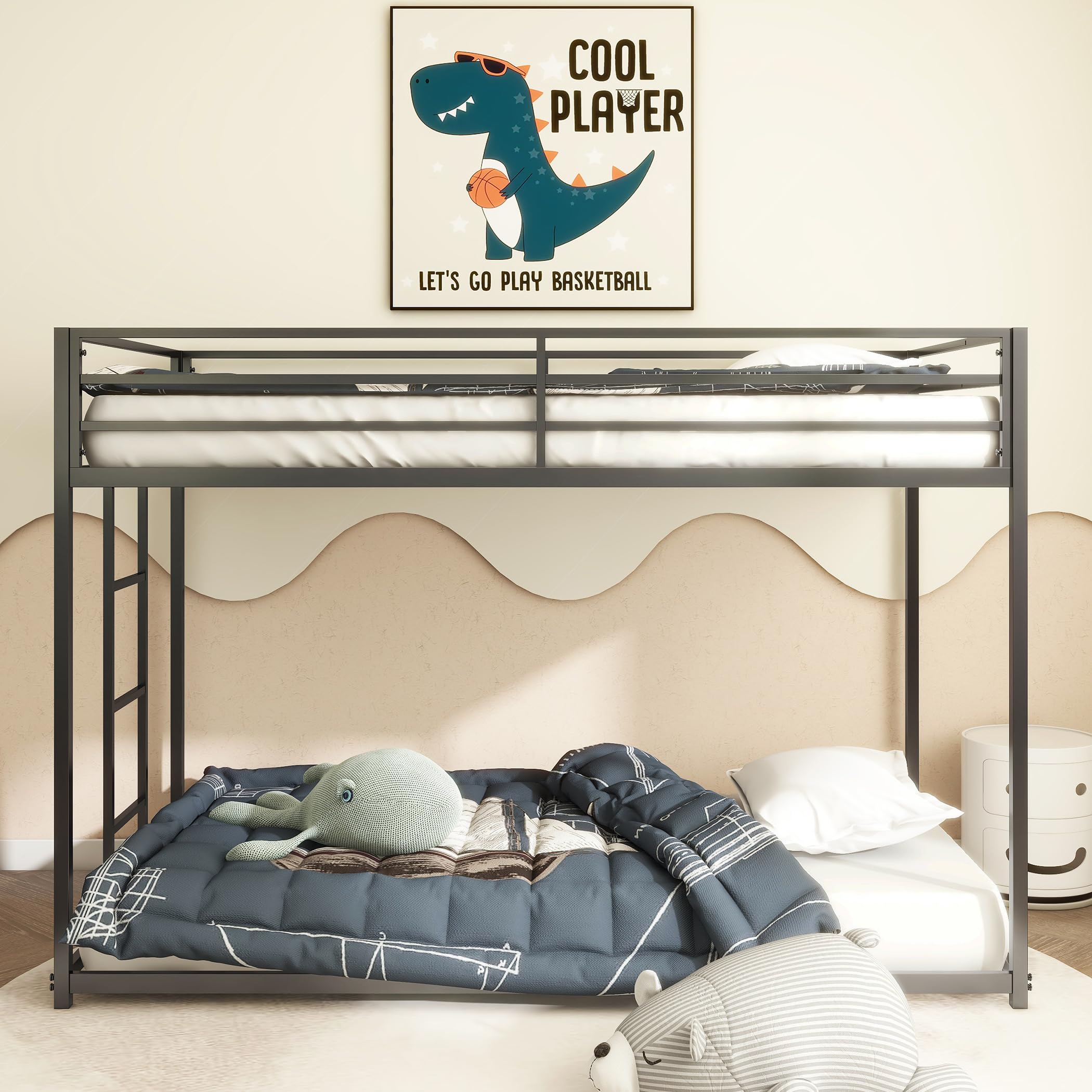 Livavege Bunk Bed Twin Over Twin, Heavy Duty Metal Low Bunkbeds with Ladder and Full-Length Guardrail for Kids/Boys/Girls/Adults, Noise Free, No Boxing Spring Needed, Easy to Assemble
