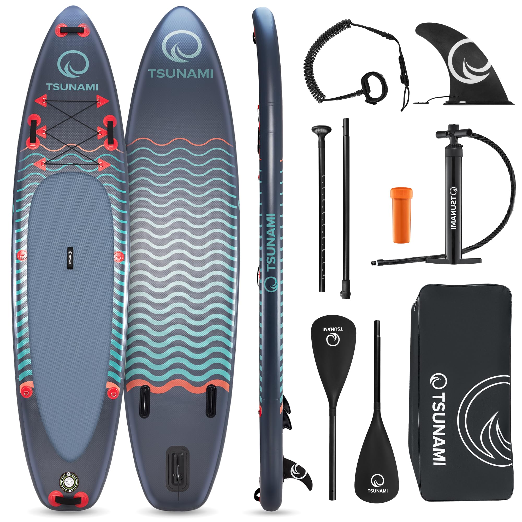 TSUNAMI Stand Up Paddling Board Model T, SUP-Board mit Komplettes Zubehör, Board-Tasche, Pumpe und Sicherheitsleine, Tragkraft bis 150kg, Länge 350 cm, für Erwachsene und Jugendliche Aller Niveaus