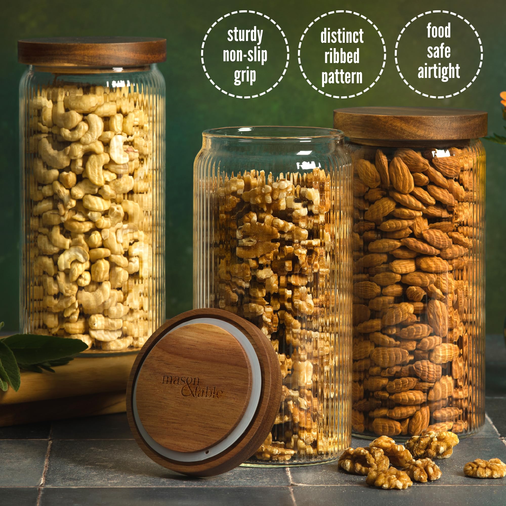 Mason & Fable Tarro de vidrio cuadrado acanalado 750 ml con tapa de madera (1300ml, 3 Unidades)