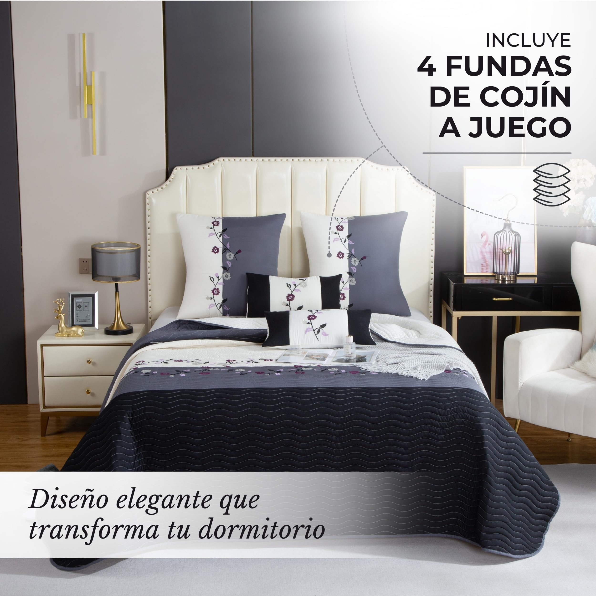 Colcha Boutí Bordada Cama 150 (250x260) para Verano y Entretiempo - 100% Microfibra Suave – Cubrecama Moderno Multiusos Ligero y Transpirable - Incluye 4 Fundas Cojín (2*60x60 + 2*30x50) (Venezuela)