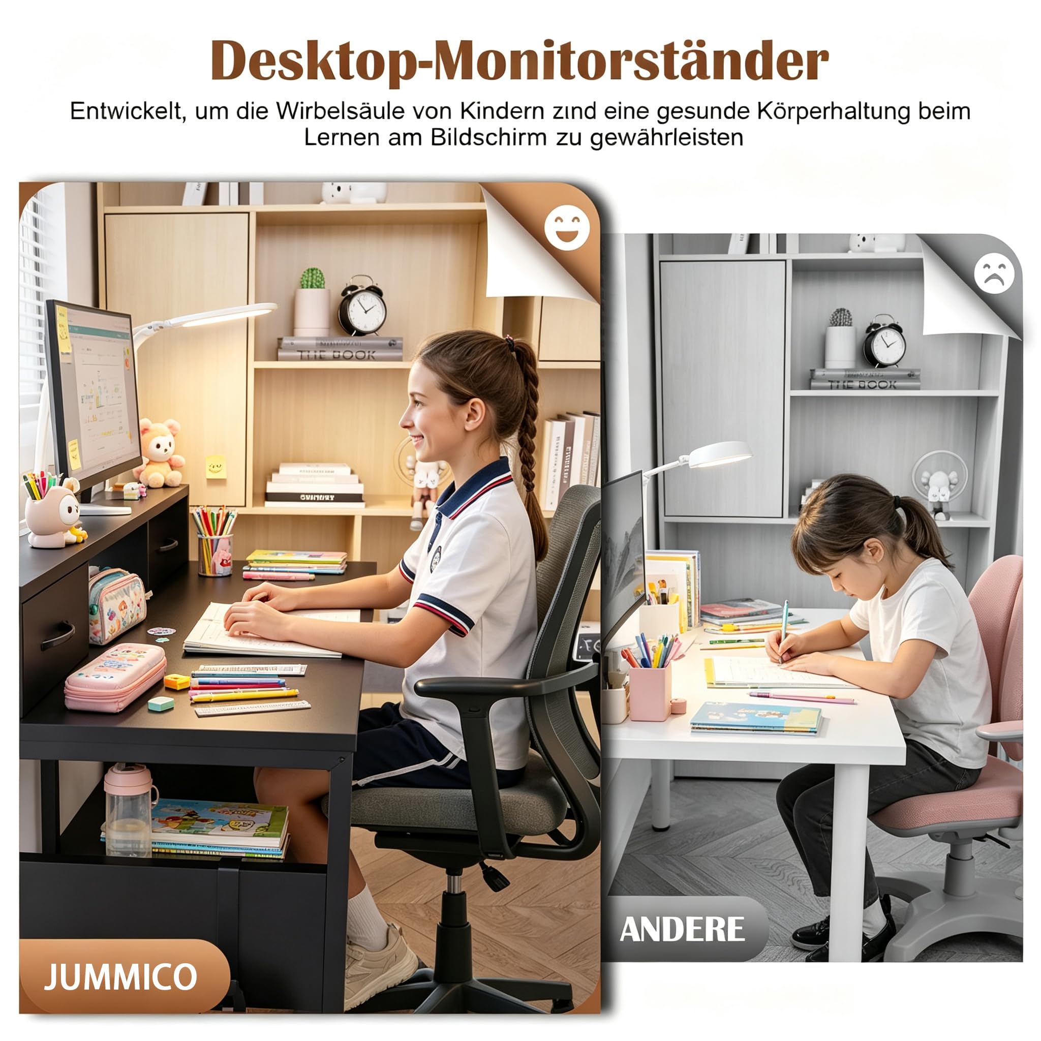 JUMMICO Scrivania da 120 x 50 cm, piccola scrivania con 3 cassetti e organizer da appendere, scrivania per bambini per casa, studio e giochi, colore nero