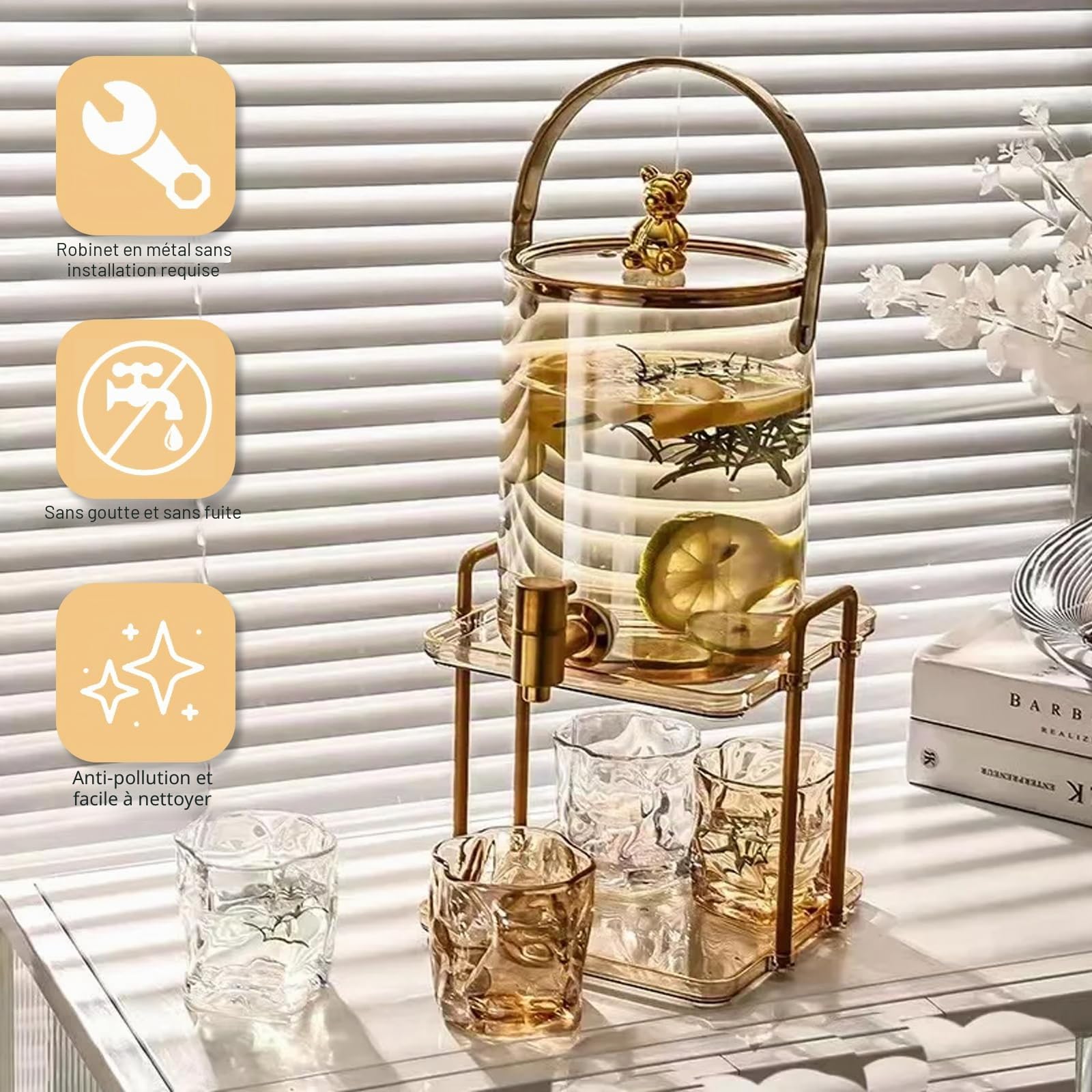Distributeur de boissons glacées en verre avec robinet en acier inoxydable et support Distributeur d'eau pour boissons froides avec 4 verres Distributeur de boissons limonades pour fêtes,