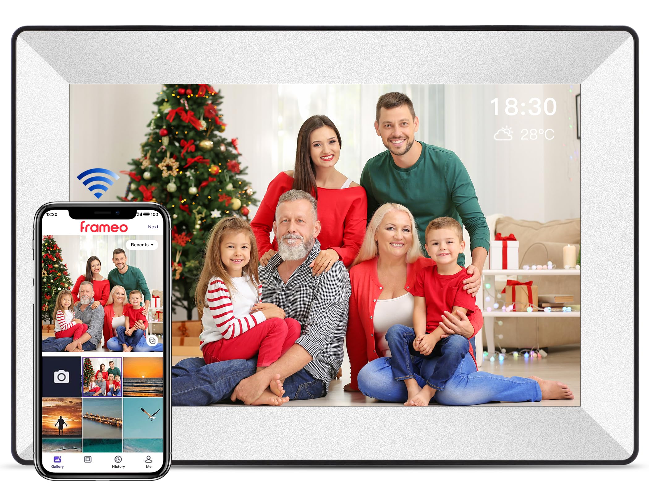 Frameo Digital Picture Frame WiFi 16GB Memory 10.1inch HD 1280x800 IPS Touch Screen Slideshow Digital Photo Frame，Auto-Rotate, Wall Mount, Share Photos Videos Remotely via Frameo App(White)