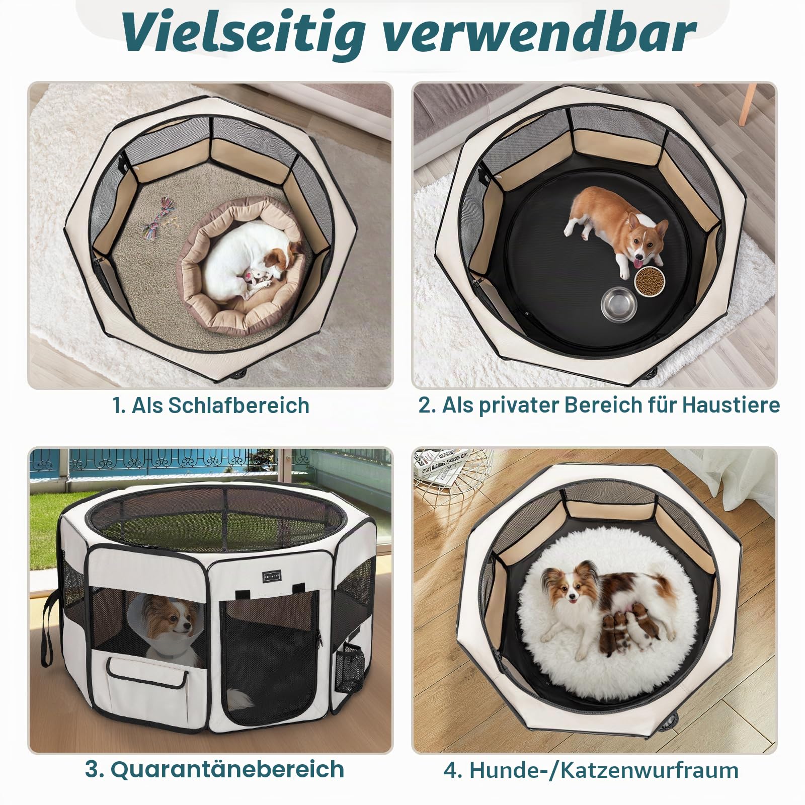 PETSFIT Hundegehege für den Innenbereich, Anti-Auslauf-Unterseite, faltbar, zusammenklappbar, Welpenlaufstall, kaufestes Design, Hunde-Laufstall innen, 116 × 106 × 72 cm, Beige