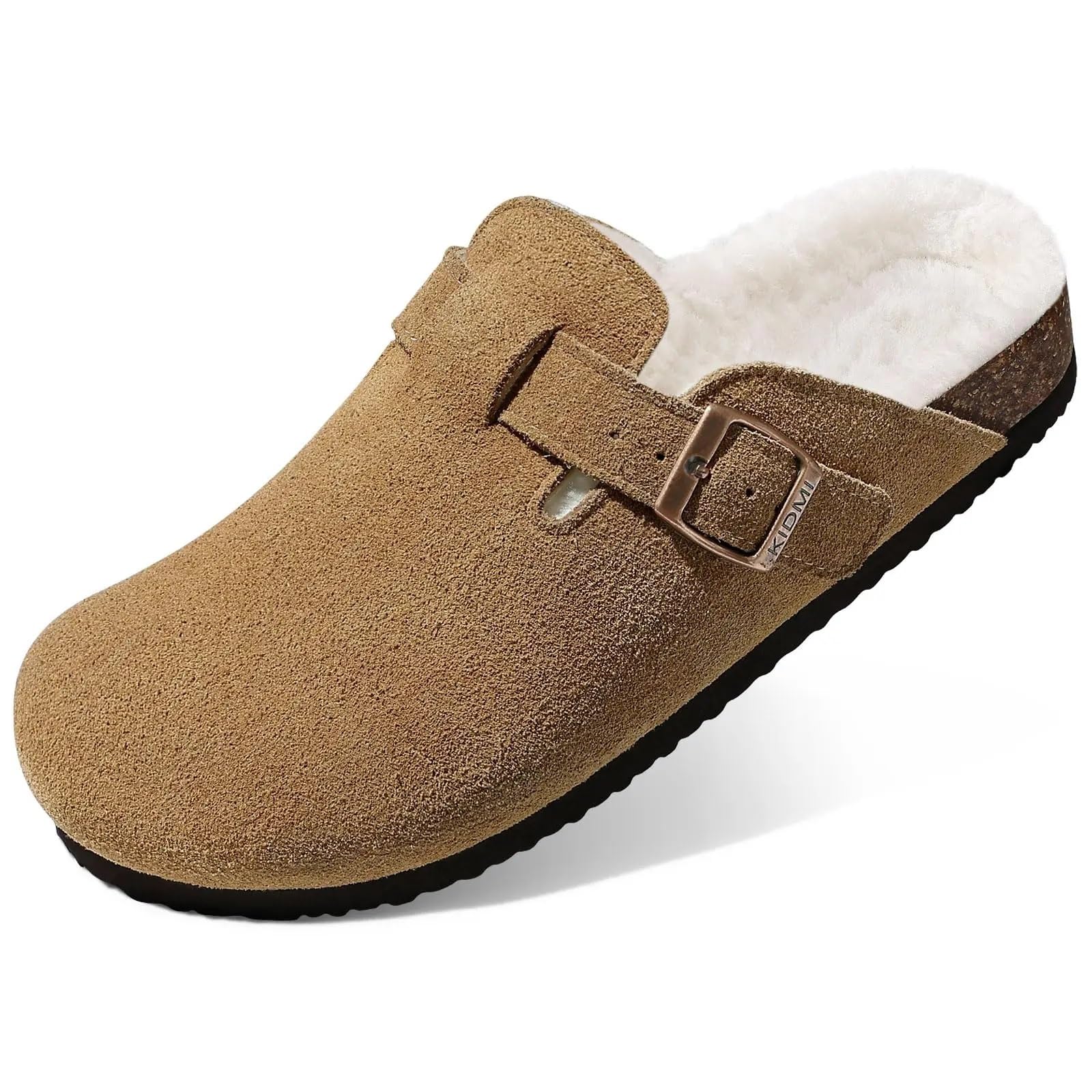 Pantofole Chiuse Ciabatte invernali da donna, comode pantofole esterno, foderate in pelliccia, calde zoccoli in pelle scamosciata con fibbia regolabile per l'inverno
