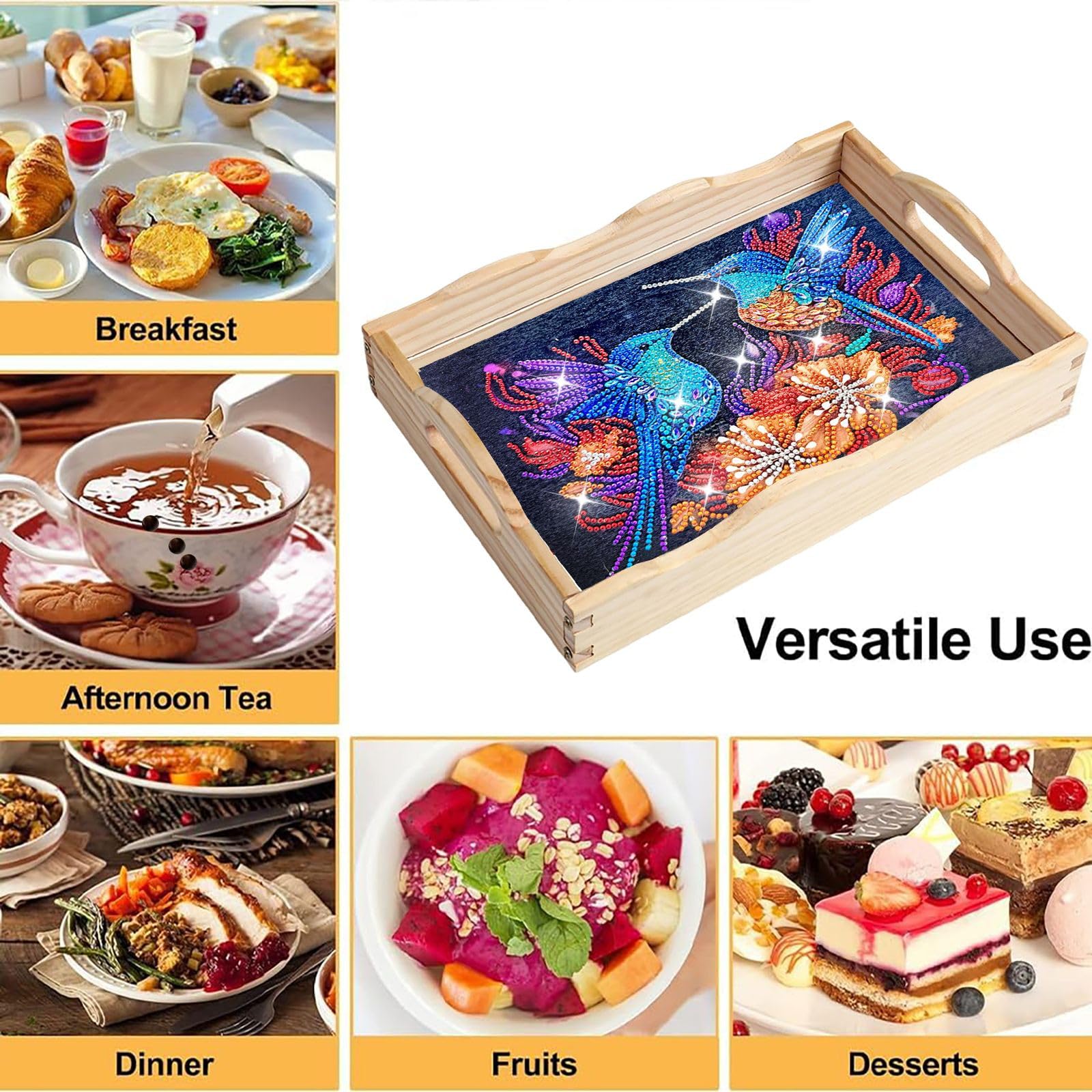 DIY Diamond Art Painting Plateau Rond, Diamond Art Plateau En Bois Plateau De Service Rétractable Avec Support, Peinture Diamant Crystal Art Plateau En Bois Plateau De Cuisine Pour Dîner, Thé, Bar-02