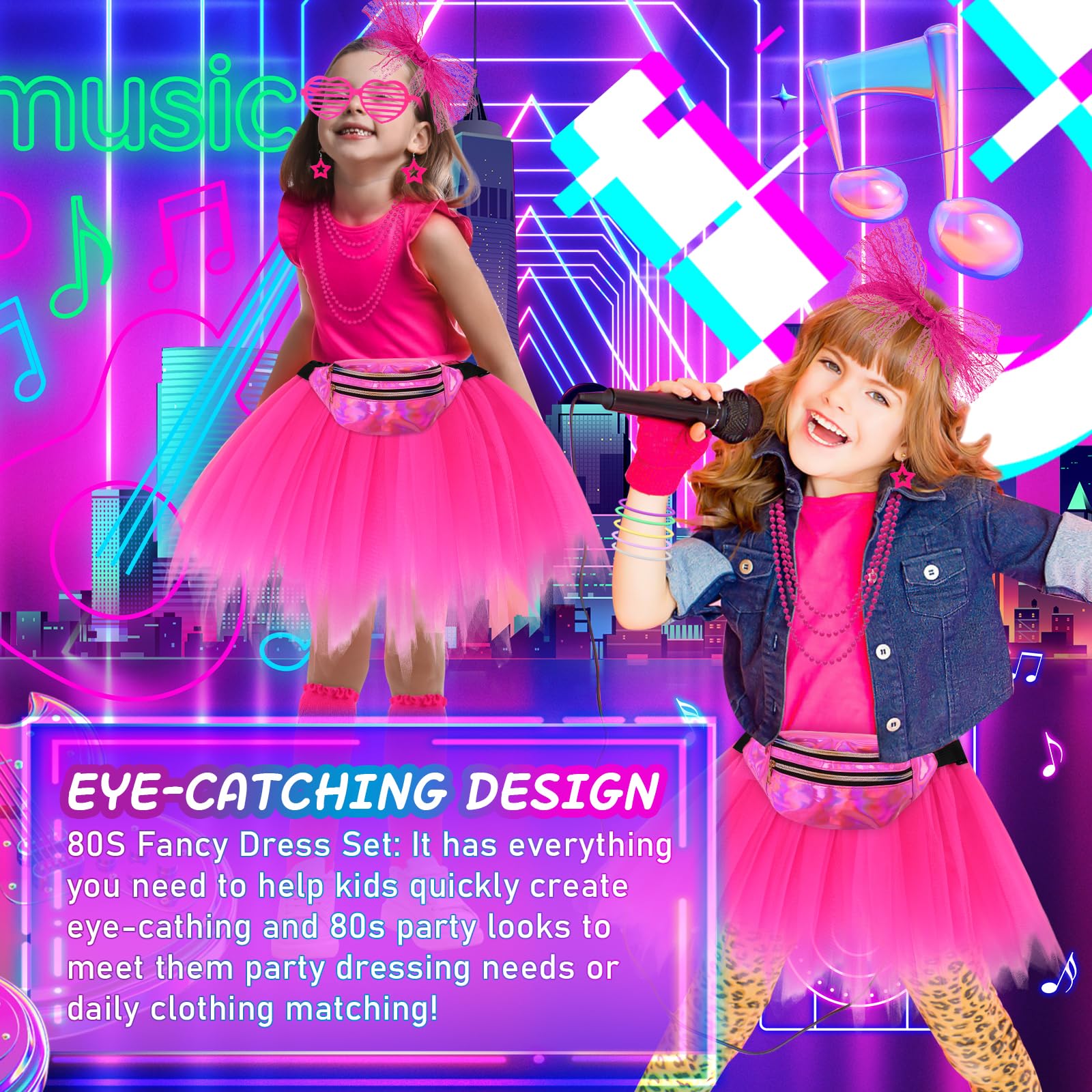 80s Costume Accessories Set for Girls 1980s Fancy Dress Outfit with Tutu Skirt Waist Bag Fishnet Gloves Leg Warmers Earrings Headband Bracelets Necklaces for Halloween Neon Party Cosplay-Pink - Image 4
