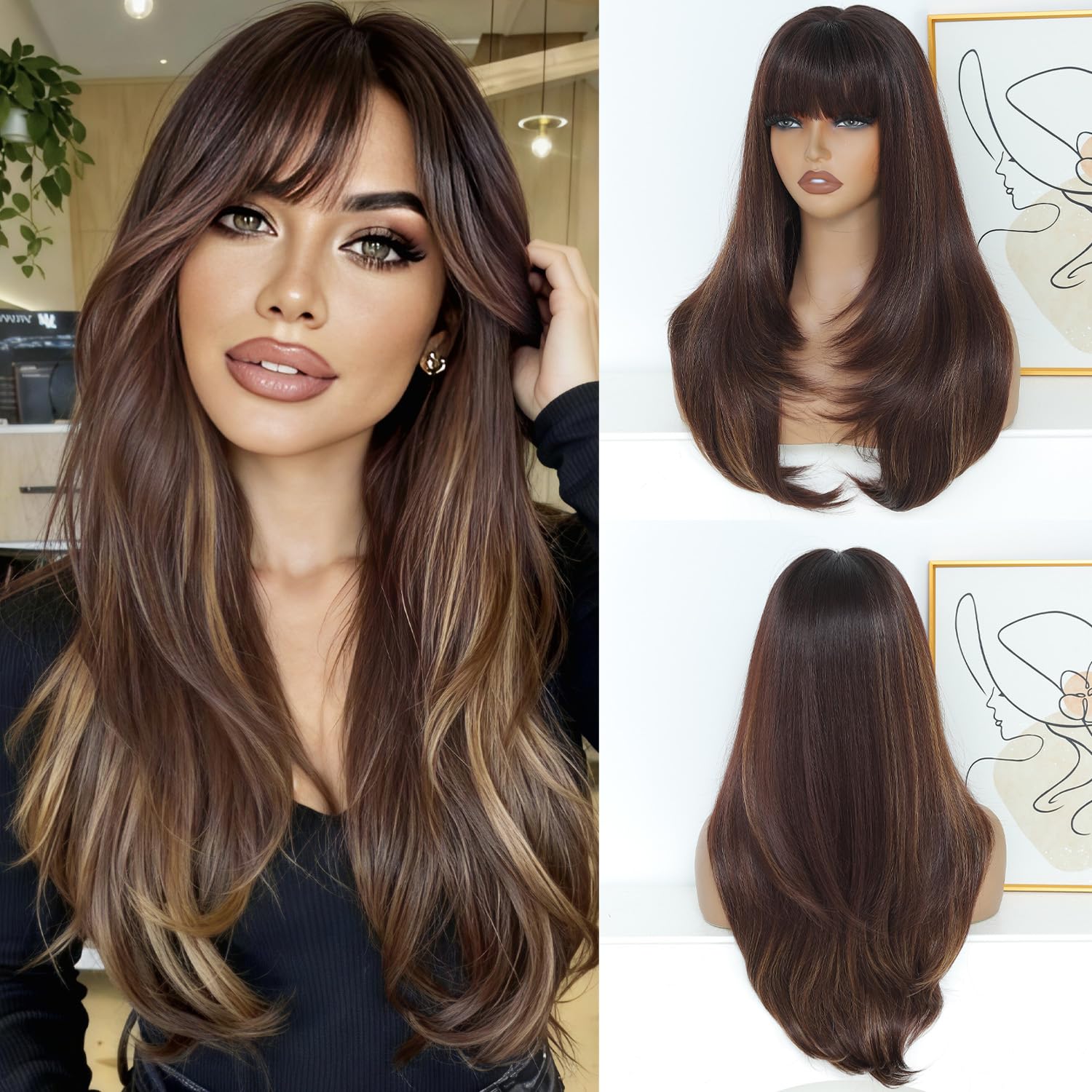 Photo 1 of FEIVOSILAN Brown Highlight Layered Wig with Bangs 26 Inch Long Wavy Brown Wigs for Women Heat Resistant Synthetic Wig for Daily Use