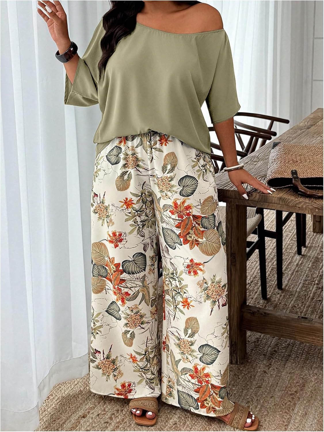SOLY HUX Women's Plus Size 2 Piece Vacation Outfits Off The Shoulder 3/4 Sleeve Top and Boho Print Pants Set - Image 4