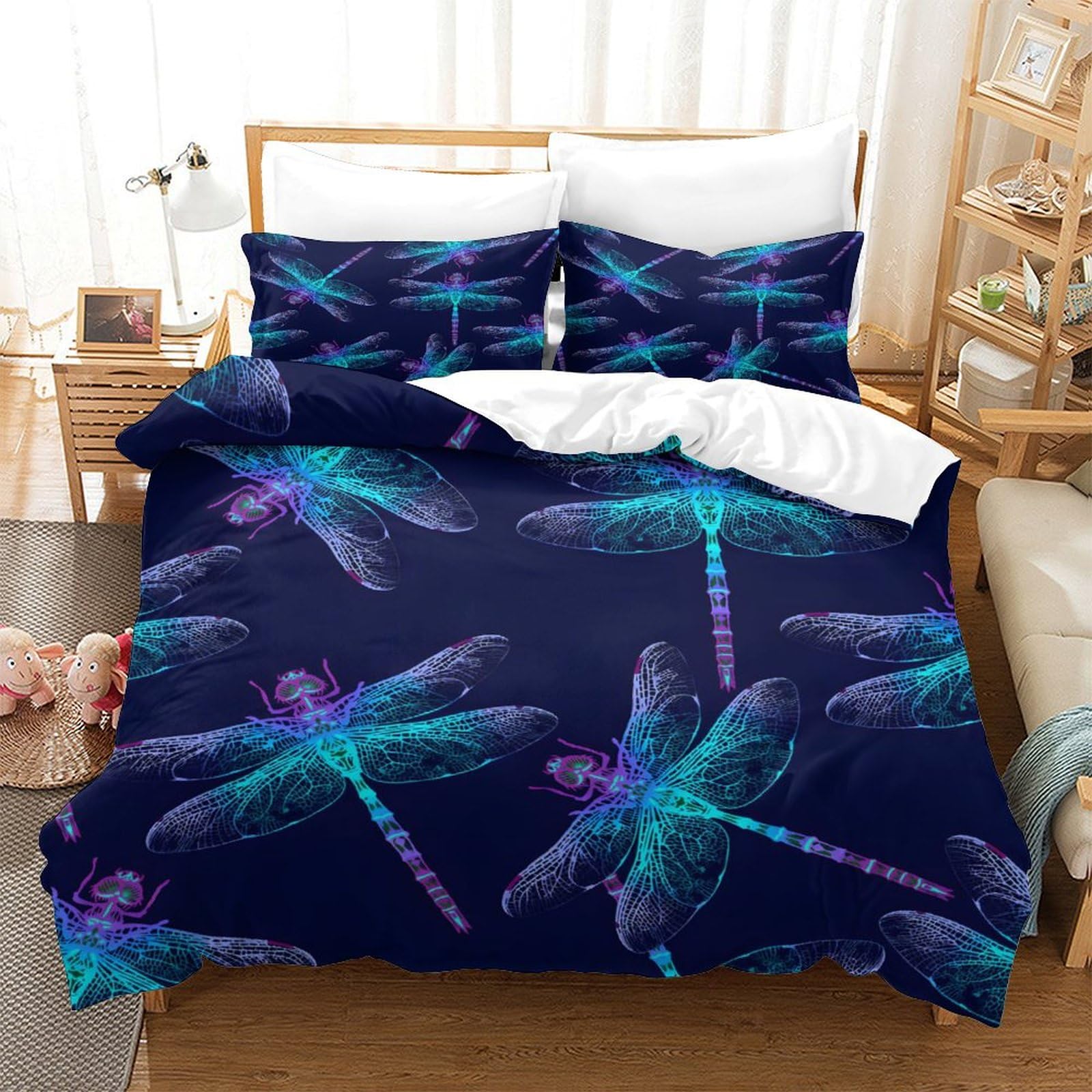 LIAOHENKAN Dragonfly - Dark Blue 3Pcs Bedding Set for Kids Teens Adults Breathable 3D Comforter Set Ultra Soft Quilt Set with Zipper Closure Room Decor, Easy Care Durable Super King（260x220cm）