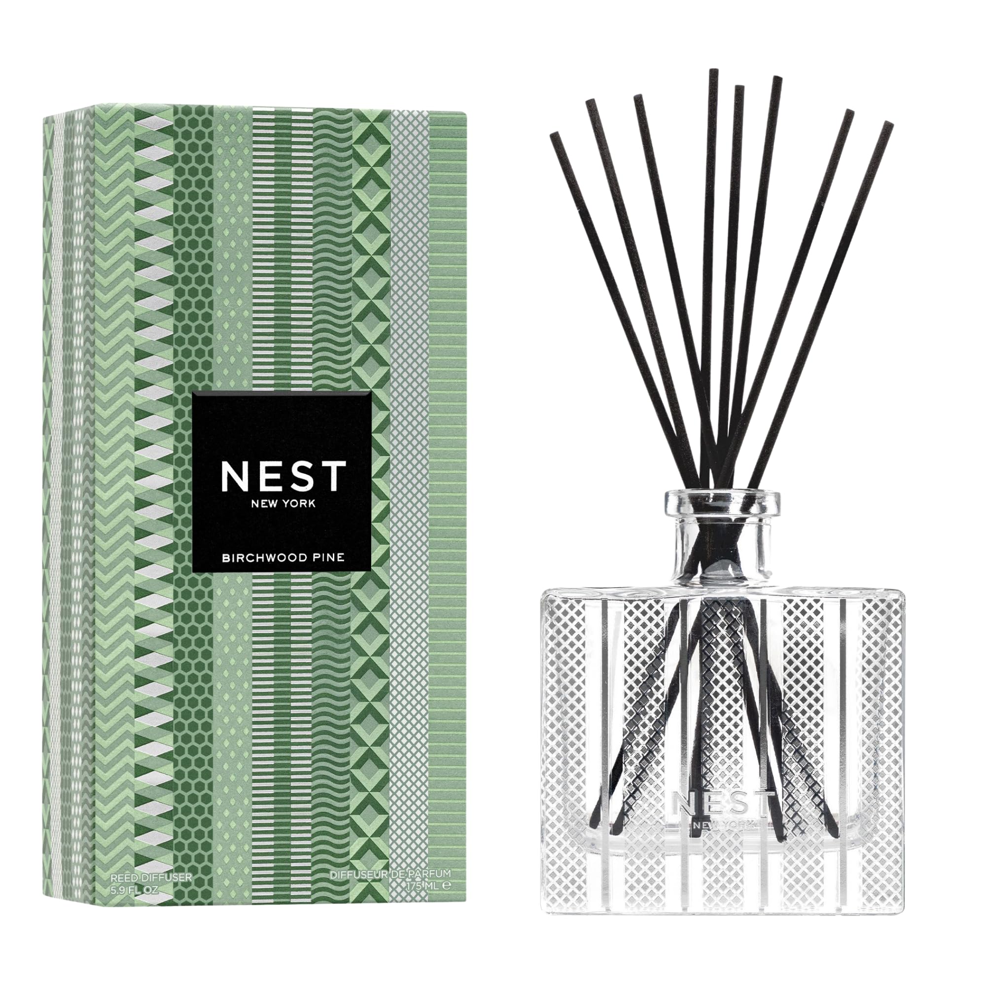 Christmas Tree Reed Diffuser, Birchwood Pine - The Festive Collection - 5.9 fl oz - Fragrance for Up to 90 Days - Reusable, Refillable Glass Holder - Includes 8 All-Natural Reed Sticks