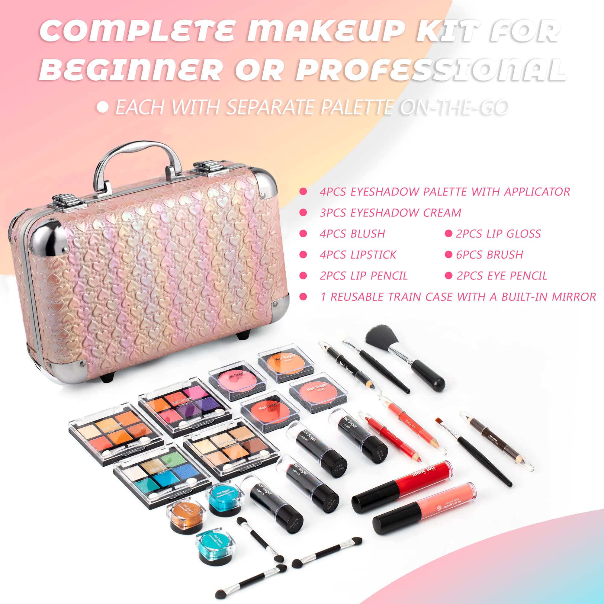 Hot Sugar Teen Makeup Kit, 27-Piece Cosmetic Gift Set for Women with Train Case Eye Shadow Palettes, Blushes, Lip Glosses - Image 3