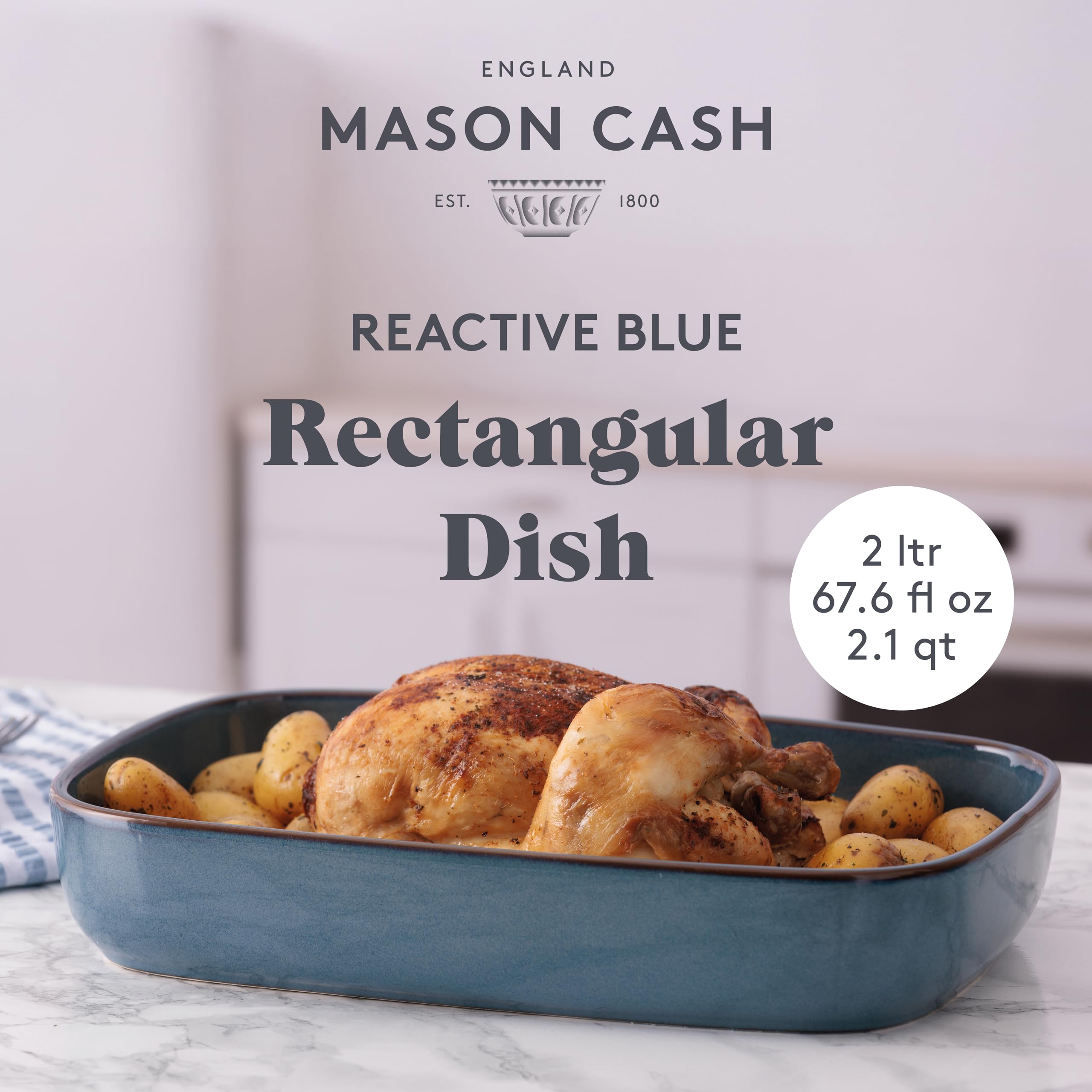Mason Cash Plat à four rectangulaire bleu réactif 31 cm | 2 litres en grès avec finition émaillée unique – Idéal pour lasagnes, rôtis, légumes et miettes | Passe au lave-vaisselle et au micro-ondes