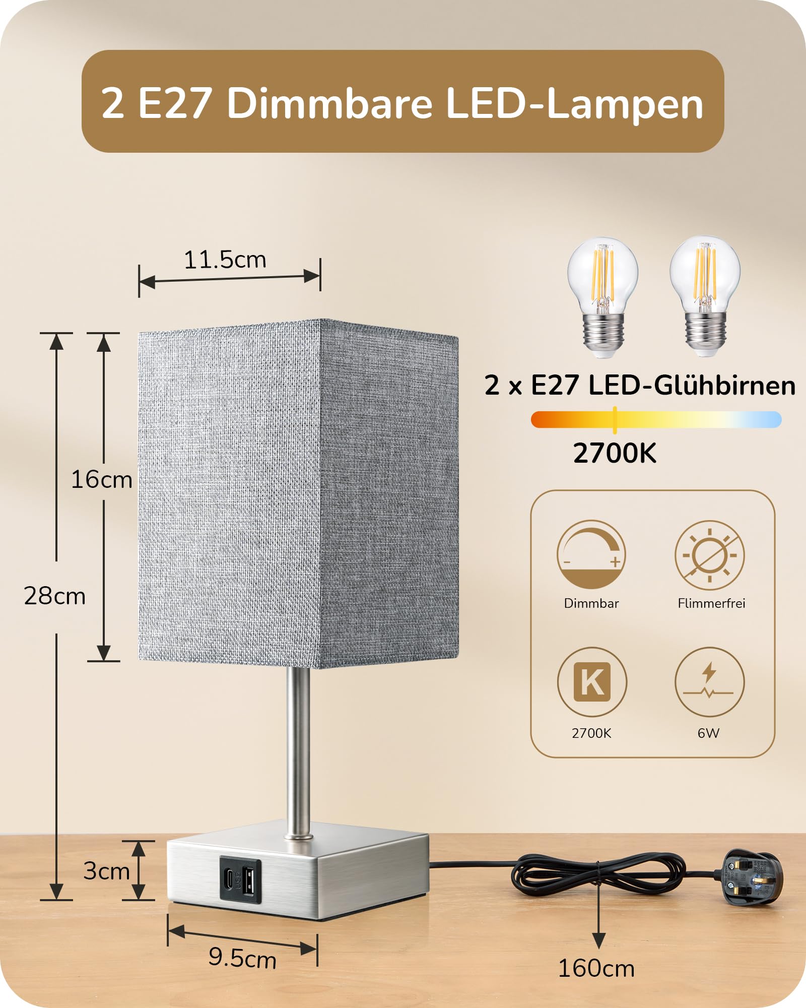 EDISHINE 2er Set Nachttischlampe, Touch-Dimmer, 2 USB Anschlüsse, Grau | inkl. 2700K LED Leuchtmittel, mit Ladefunktion, 5 V / 2,1 A, für Schlafzimmer, Wohnzimmer, Fensterbank, 28 cm