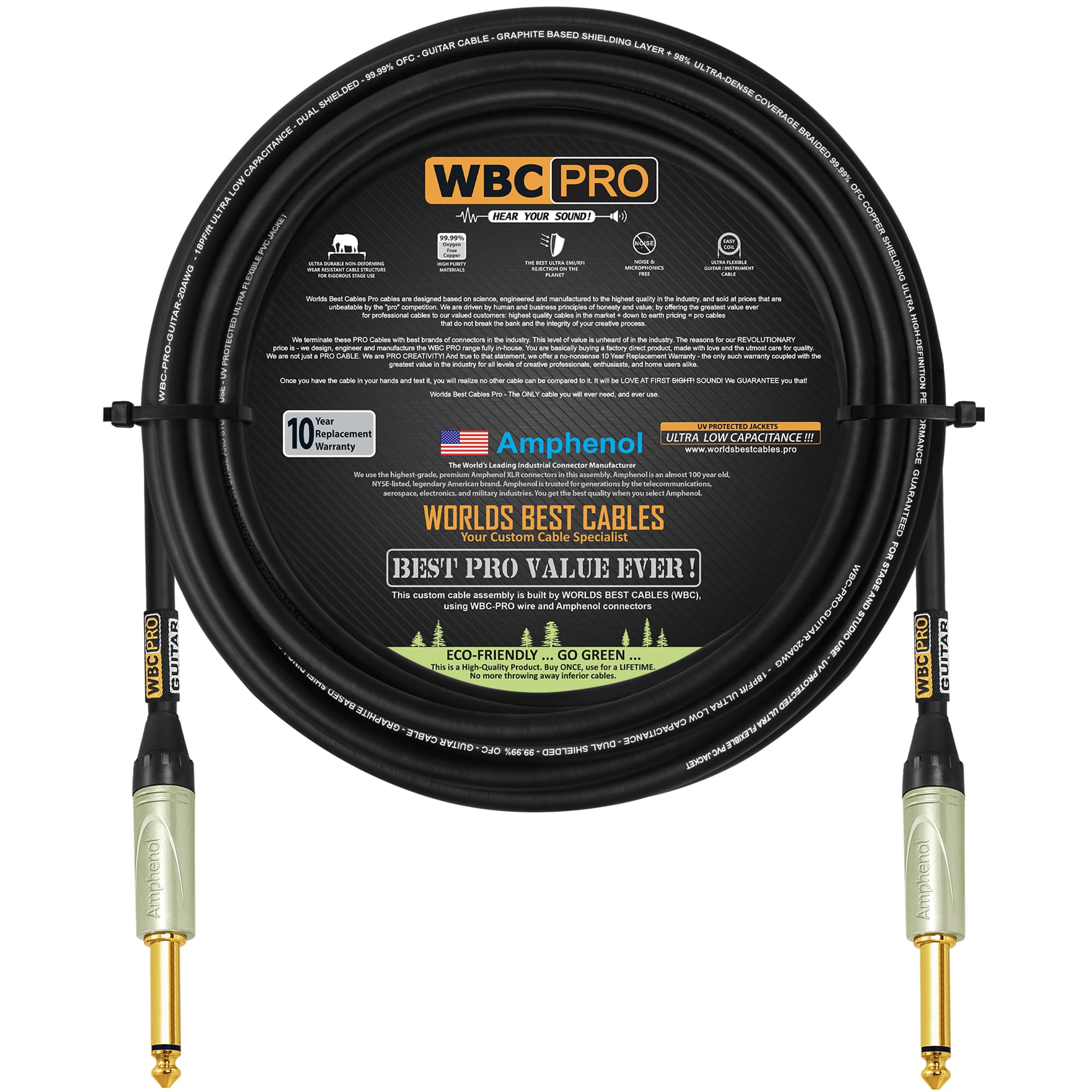 WBC-PRO-Guitarra de 20 pies, 20 AWG, tapa baja (18 pF/pie), grado profesional, a base de grafito, cable de guitarra de doble blindaje, bajo, instrumento con conectores Amphenol QM2P-AU de 6,35 mm