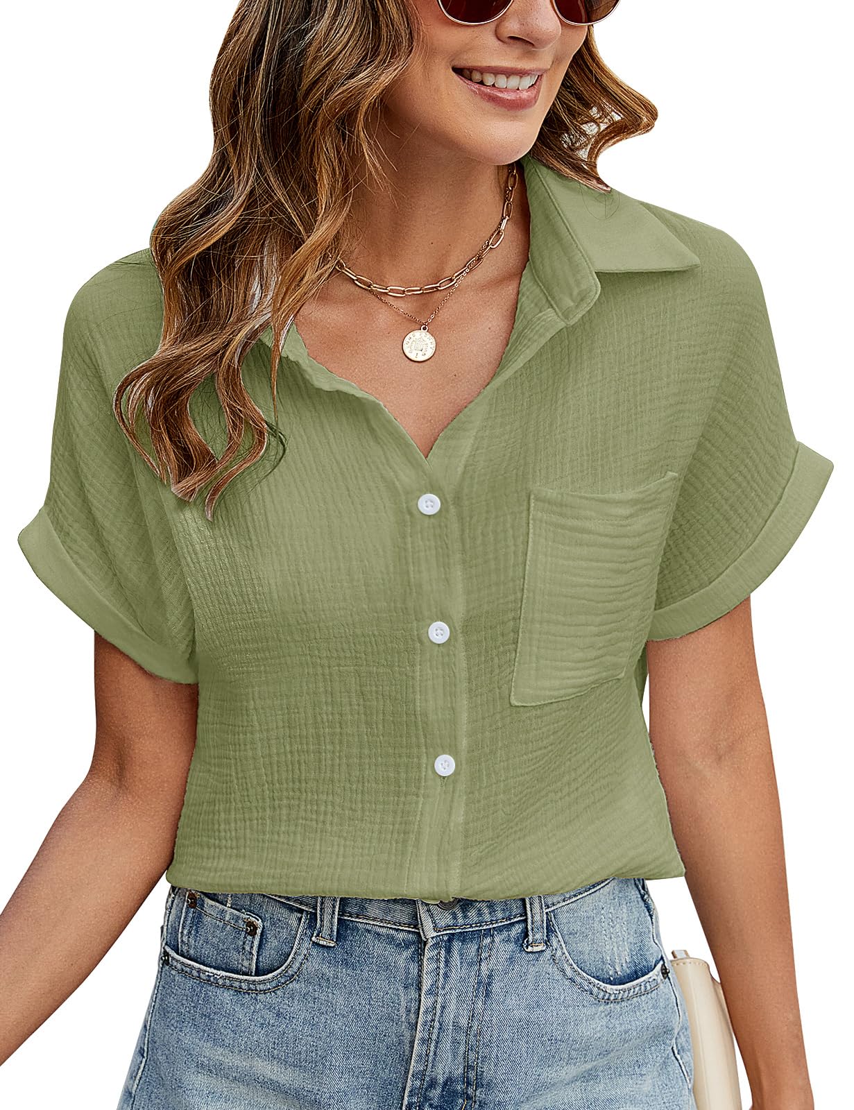 PASUDA Bluse Damen Sommer Elegant V-Ausschnitt Button-Down Blusen Casual Baumwolle Kurzarm Hemdbluse Basic Revers Hemd Oberteile Tunika Shirts Tops