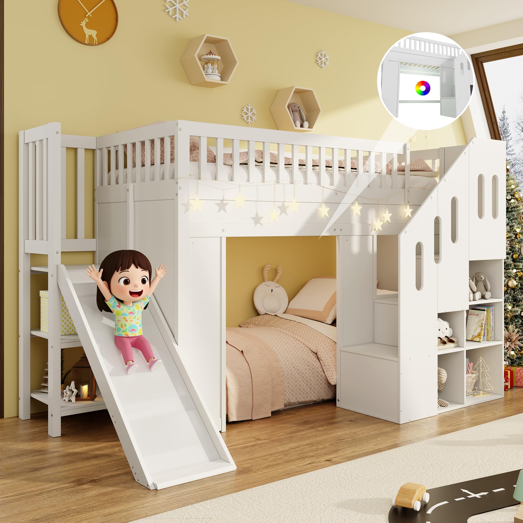 Merax Kinder Hochbett 90x200 cm, Etagenbett mit Rutsche, LED-Lichtleiste, Rausfallschutz und Stauraumtreppe, Massivholz & MDF, Weiß (ohne Matratze)
