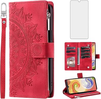 Asuwish Phone Case for Samsung Galaxy A04e Wallet Cover with Tempered Glass Screen Protector and Wrist Strap Mandala Flower Leather Flip Zipper Credit Card Holder Stand Cell AO4e A 04e Women Red