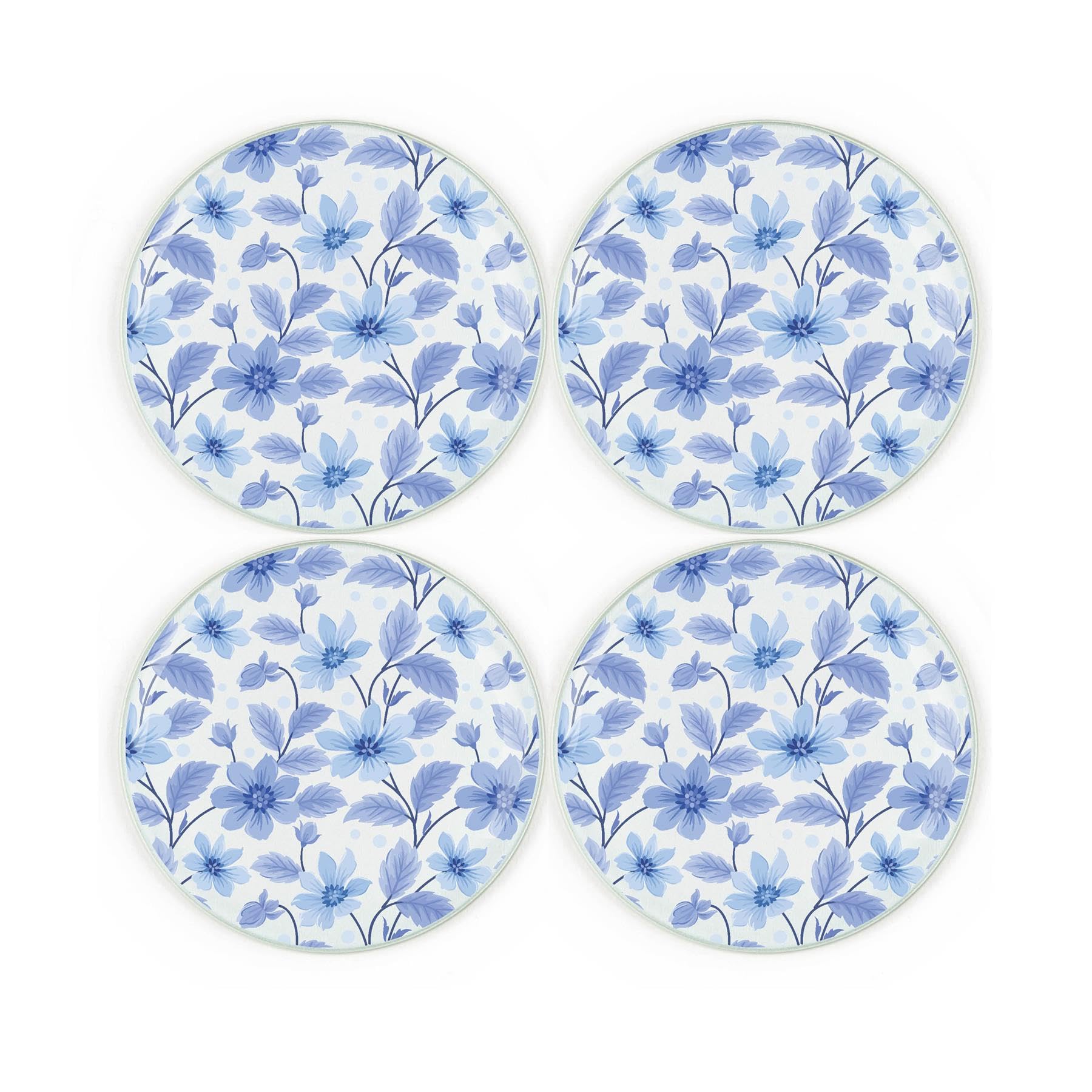 Monochrome Blue Flowers Coaster Set - Round Glass Floral Design Gift - Set of Four (4) Drinks Coasters