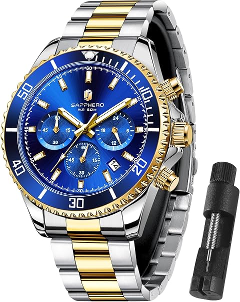 SAPPHERO Orologio Uomo Analogico Al Quarzo Cronografo 50M Impermeabile Moda Sportivo Elegante Classico Orologio da Polso Uomo Cinturino in Acciaio Regalo per Uomo