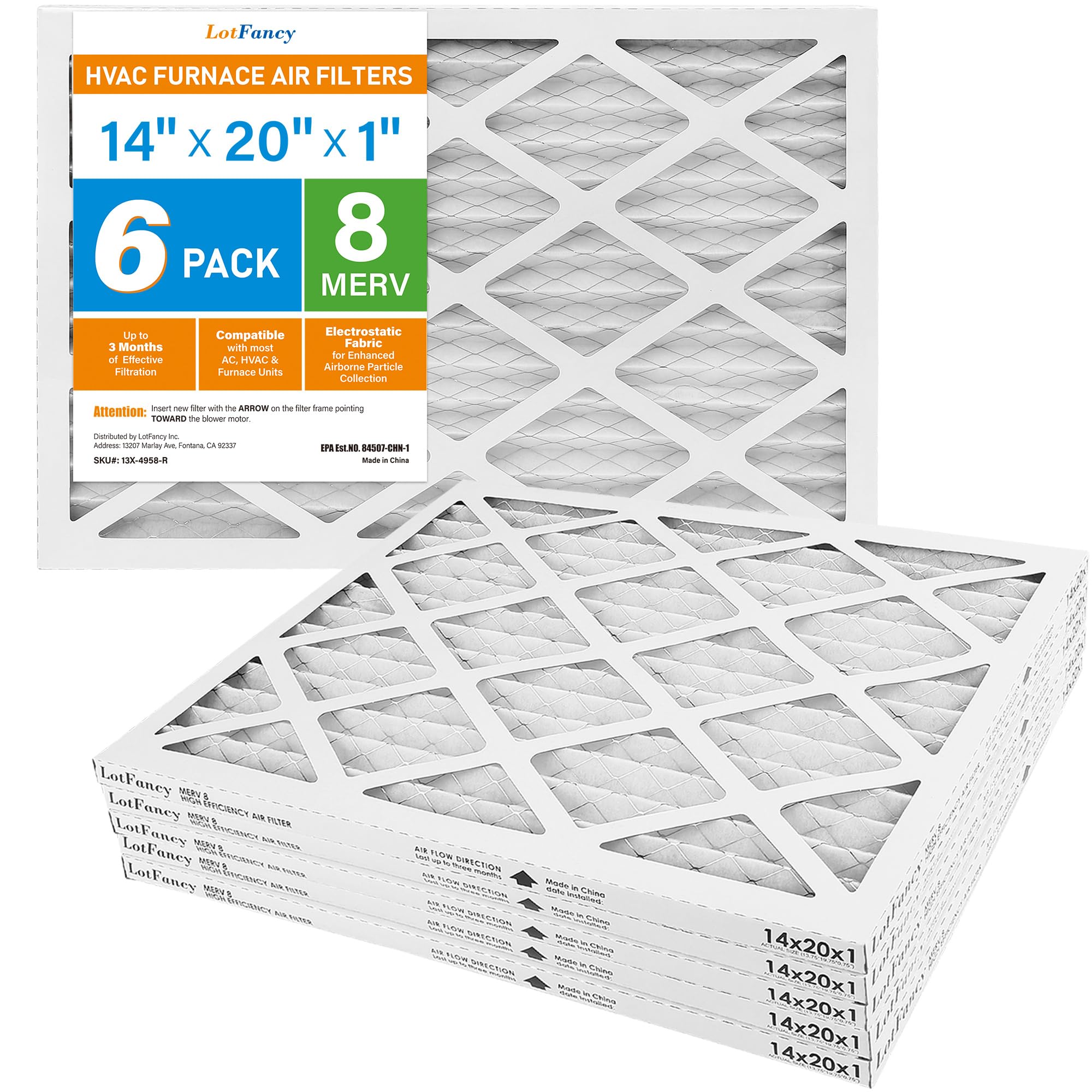 LotFancy 14x20x1 Air Filters, MERV 8 AC Furnace Filters, MPR 600 6 Pack Air Conditioner HVAC Filters