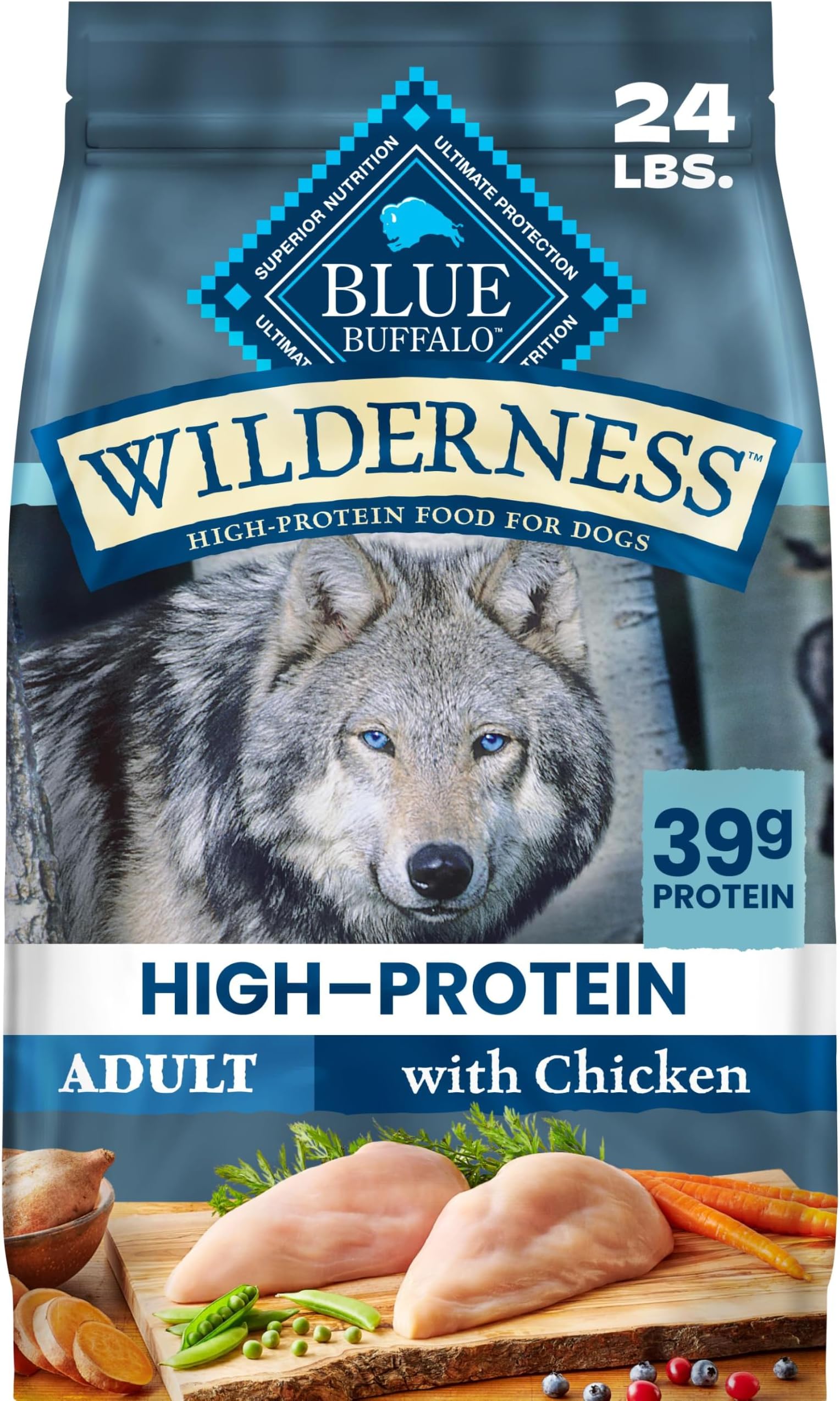Wilderness Chicken & Wholesome Grains Adult Dry Dog Food, 24lb | 39g Protein, Real Chicken #1 Ingredient, Antioxidant-Rich Fruits & Veggies, High Protein to Fuel Adventures