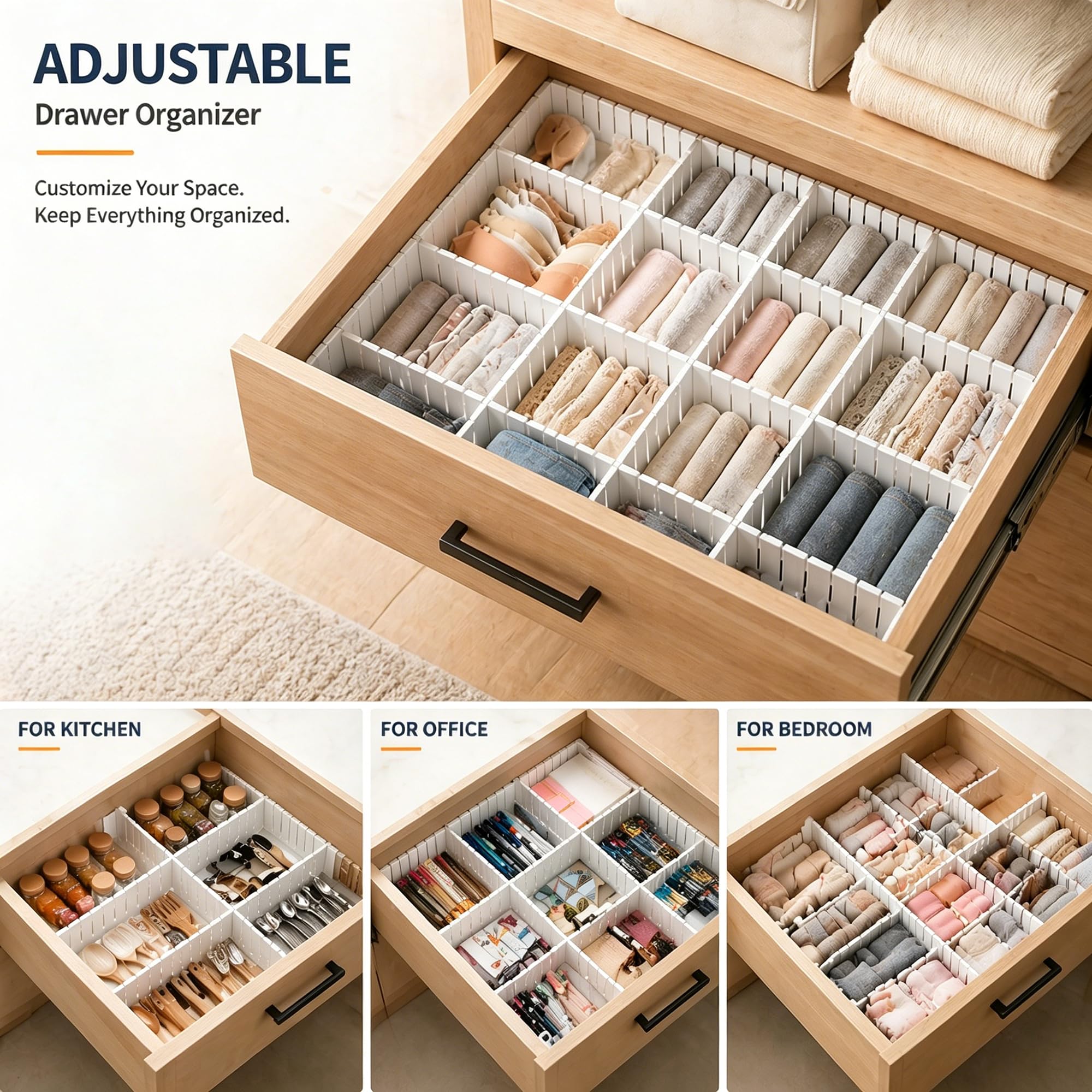 Schubladenteiler, verstellbarer DIY-Aufbewahrungs-Organizer zum Ordnen von Unordnung, Besteck, Make-up, Kleidung von Kleidern, Schlafzimmer, Büro (nach Belieben geschnitten) (32 Stück)