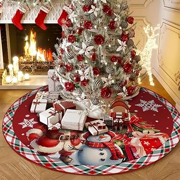 Multicoloured Christmas Tree Skirt, 90cm Large Xmas Tree Skirt, Xmas Tree Mat, Xmas Tree Skirts, Xmas Tree Base Cover, Snowman Christmas Tree Bottom for New Year Holiday