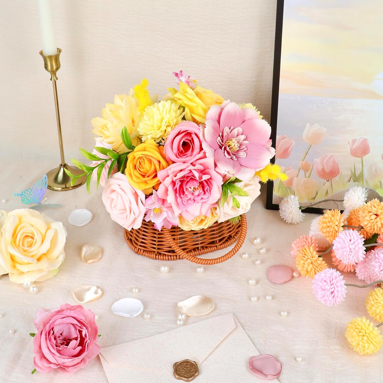 Pink and Yellow Artificial Flowers, Fake Rose Silk Flower for Centerpieces Pastel Flowers for DIY Wedding Bridal Bouquet Baby Shower Birthday Party Home Decorations