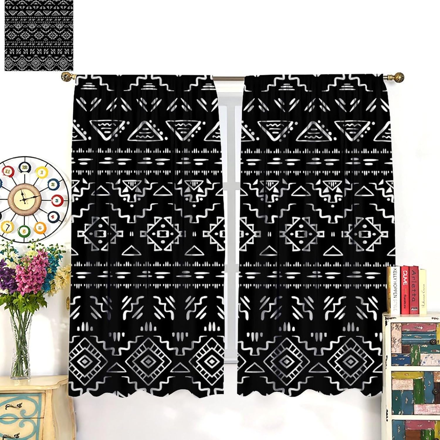 Aztec Blackout Curtains Tribal Navajo Geometric Vintage Black White Art Print for Bedroom Living Room Decor Rod Pocket Window Drape 42x54in, Style-7