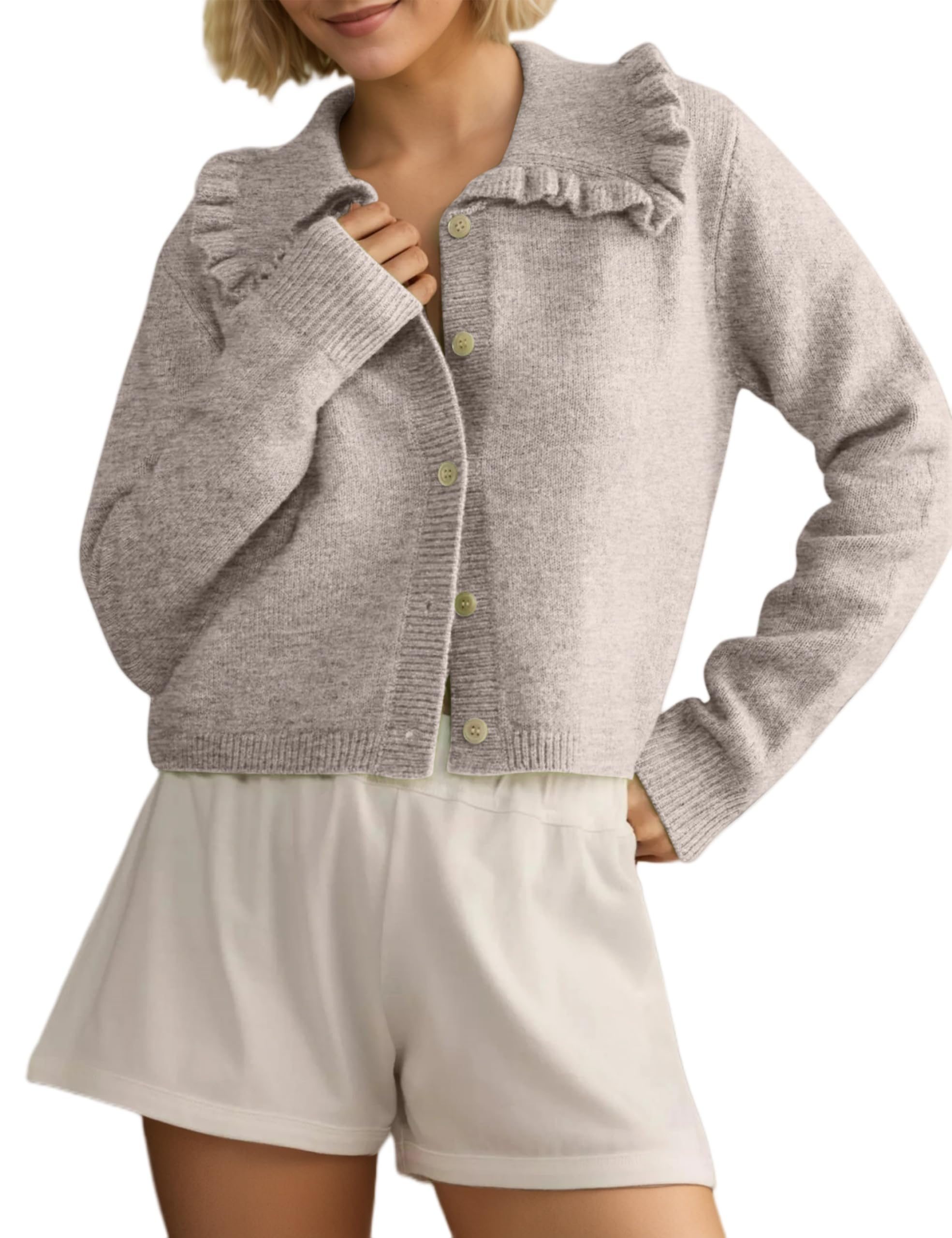 Womens Ruffle Collar Cardigan Sweater Button Up Open Front Fall Knit Jackets Cute Long Sleeve Button Down Cardigans