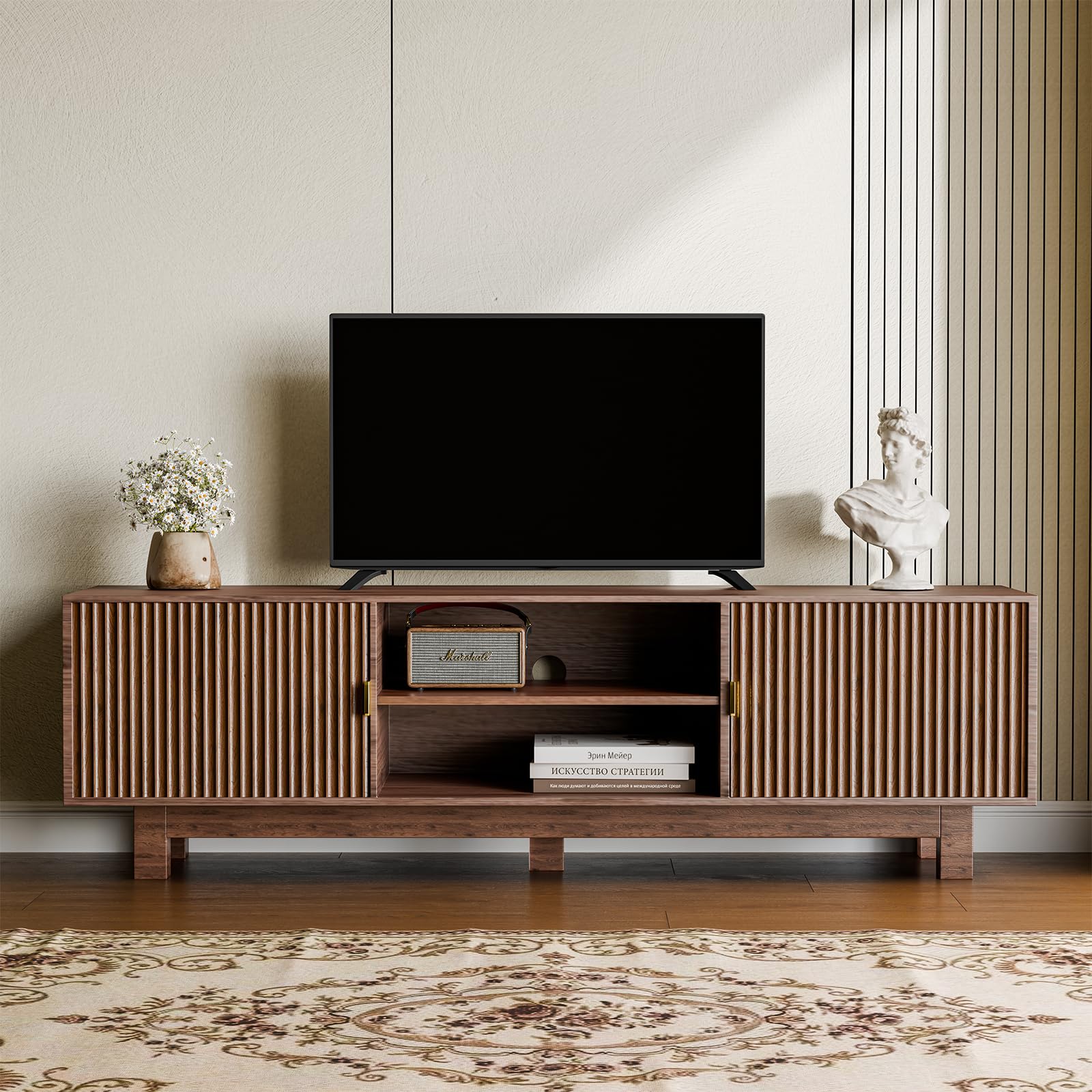 tv stand for 40-65 inch tvs - modern farmhouse entertainment center tv console with cable management, drawers,30-min assembly, anti-tip kit, rustic brown for apartments & small spaces