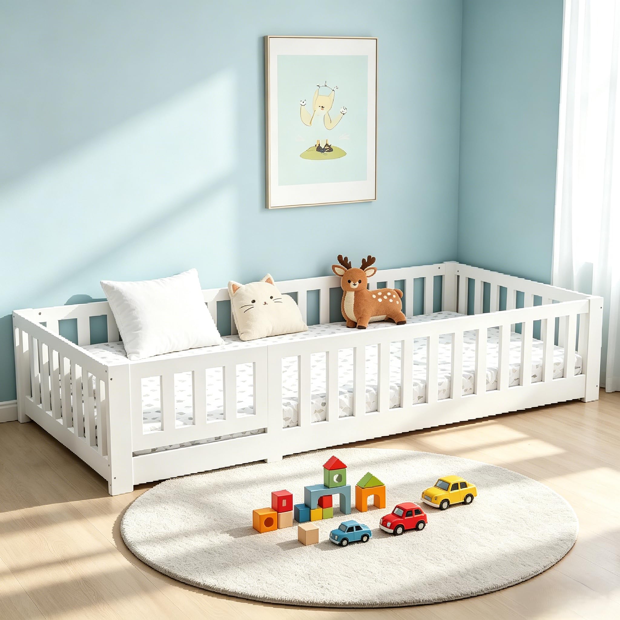 Kinderbett Bodenbett 90x200 cm, Montessori Kinder Bett mit Rausfallschutz & Lattenrost, Babybett Jugendbett Einzelbett für Jungen & Mädchen aus Kiefer Massivholz, Ohne Matratze, Weiß