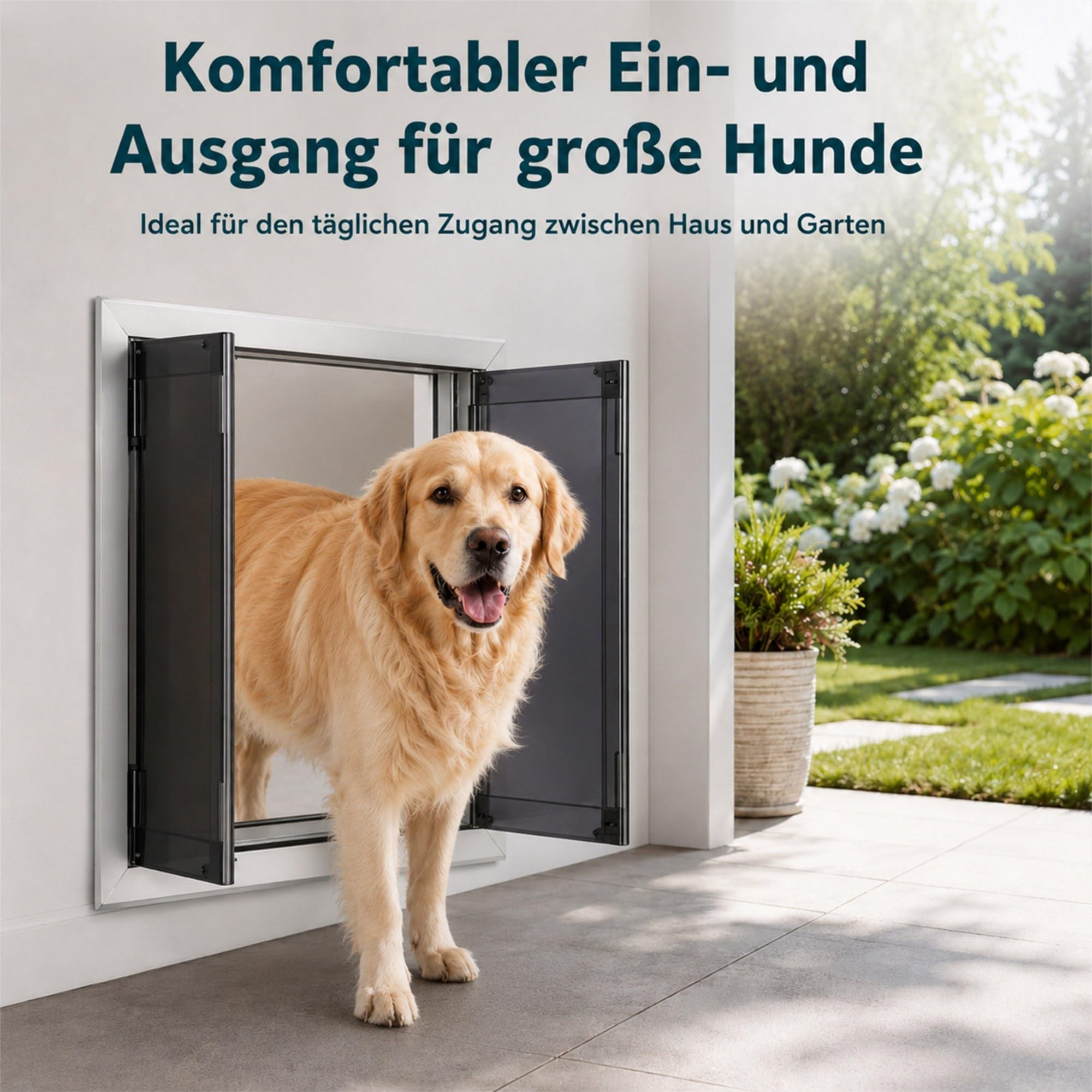 Aluminium Hundeklappe für große Hunde bis 45 kg, Hundetür groß mit 2 selbstschließenden Magnetklappen, Einschubplatte & Sicherheitsschloss, Wind- und regendicht für Tür & Wand