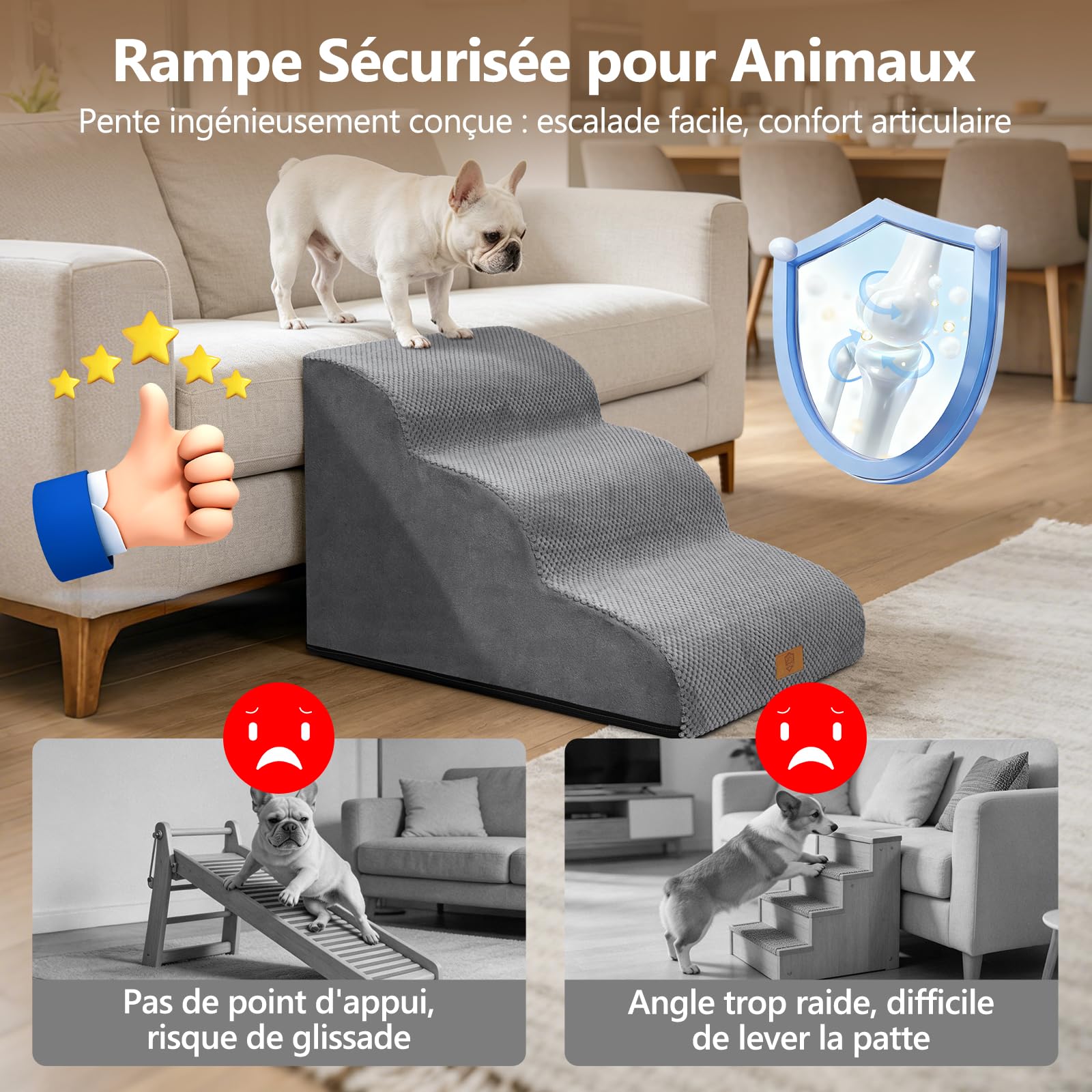 MASTERTOP Escaliers pour Chiens à 3 Marches, Rampe pour Chien Canapé - Gris | Grande Échelle Animaux en Mousse Haute Densité Antidérapante, Housse Amovible - pour Canapé et Lit