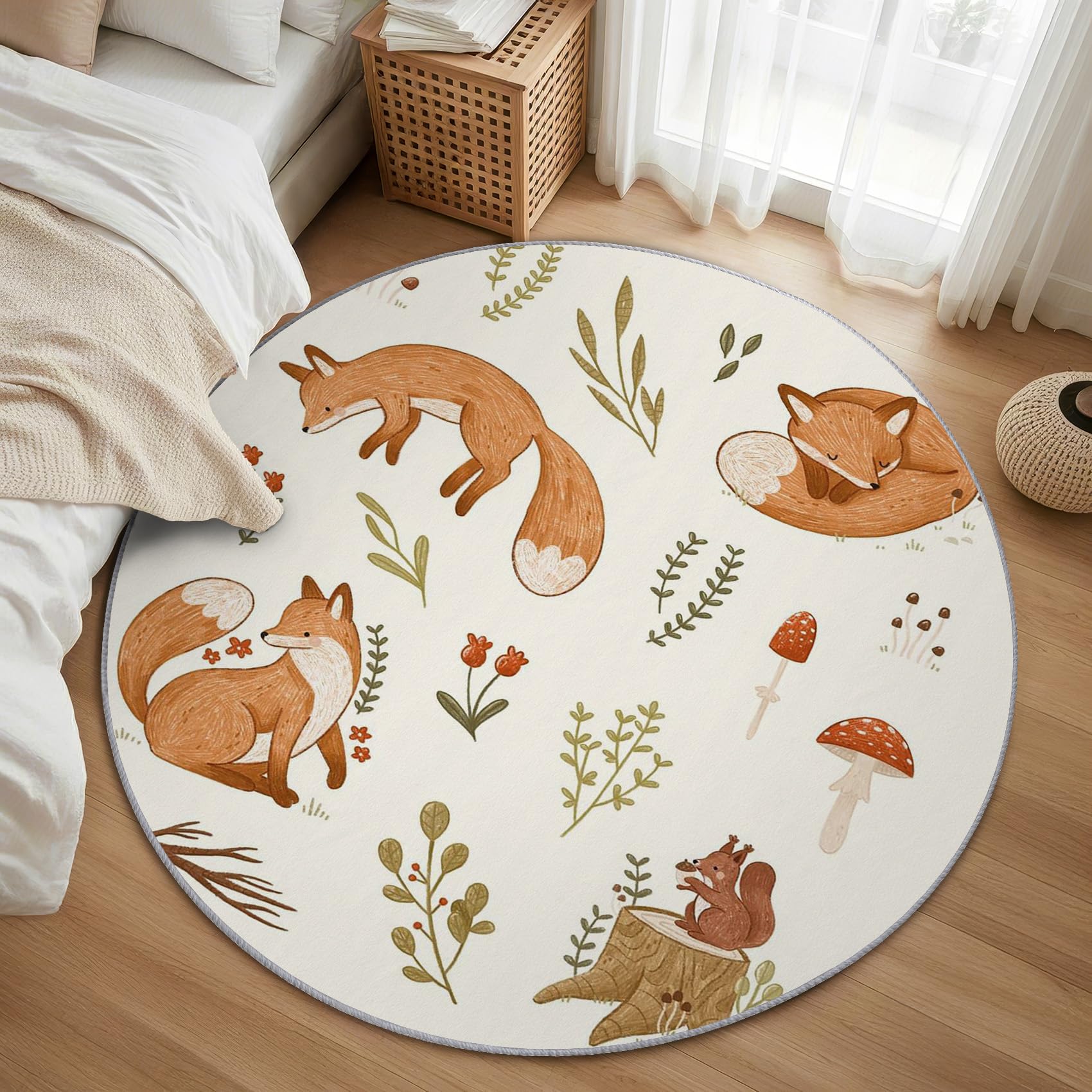 Fuchs Teppich Rund 120cm Kurzflor - Waschbare Teppiche Wohnzimmer Kinder Cartoon Tiere - Runder Teppich 120 Durchmesser Kinderzimmer - Bettvorleger Schlafzimmer rutschfest Weich