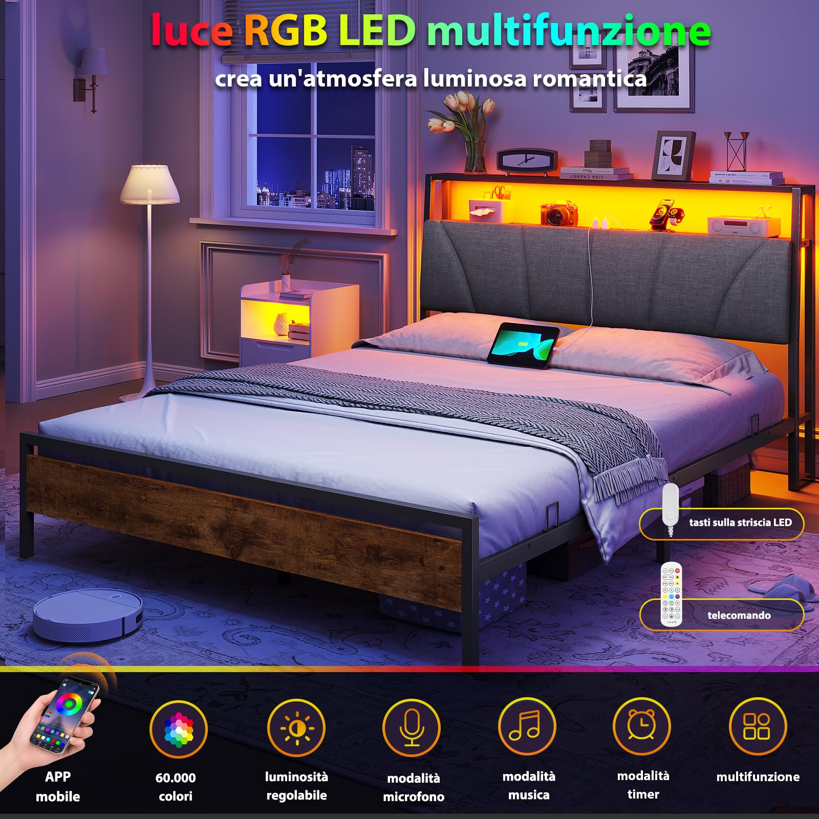 Brinlawb Letto Imbottito 120x200 cm, Struttura letto con Luce LED e Stazione di Ricarica (2 Prese CA 2 Porte USB) Struttura letto con piattaforma in metallo, Facile da montare, Moderno, Nero e Grigio