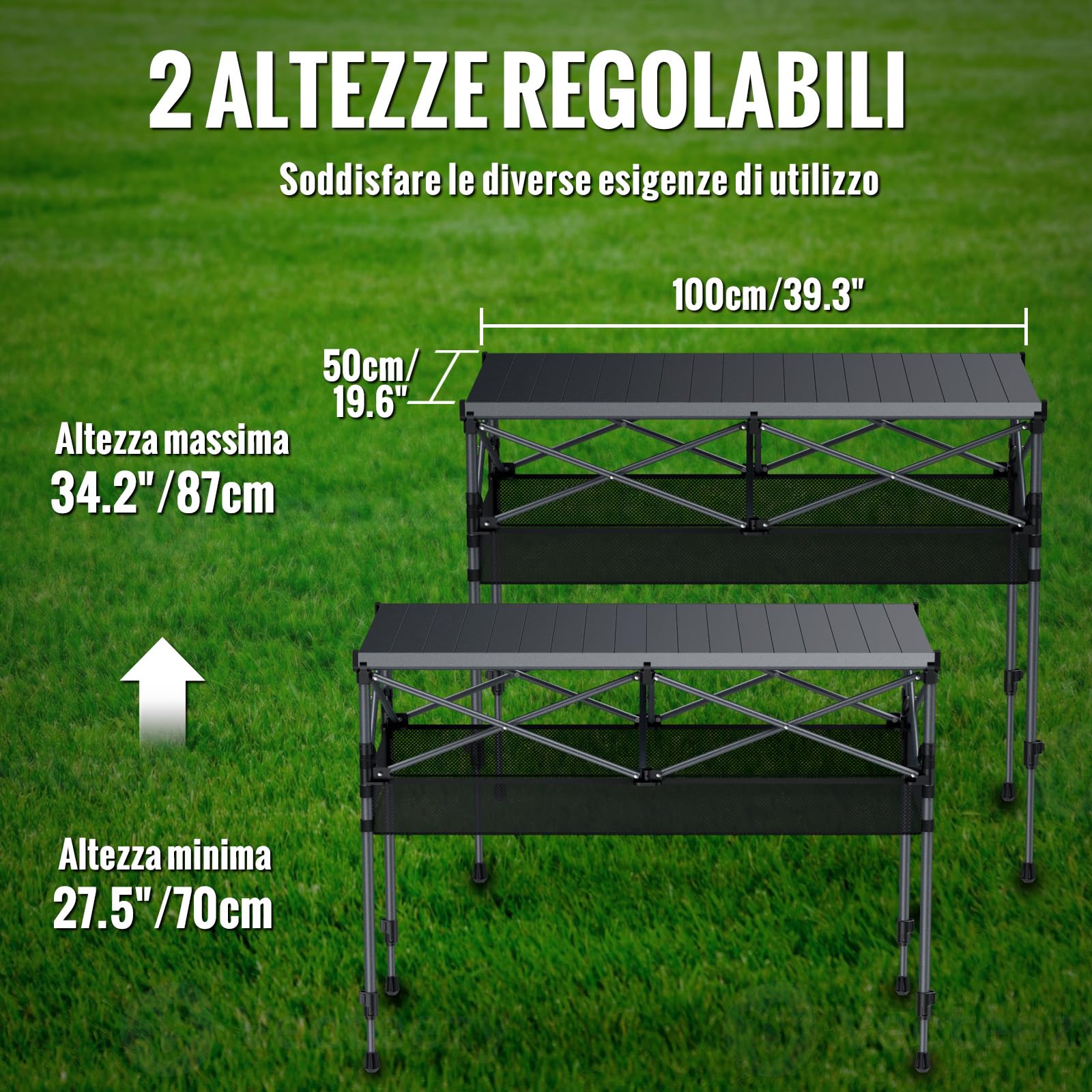 GARLLEN Tavolo da Campeggio Pieghevole,100x50 cm,2 Altezze Regolabili (70/87 cm),Piano del Tavolo Arrotolabile,con Rete di Stoccaggio e Borsa di Organizzazione,per Balcone Giardino Spiaggia